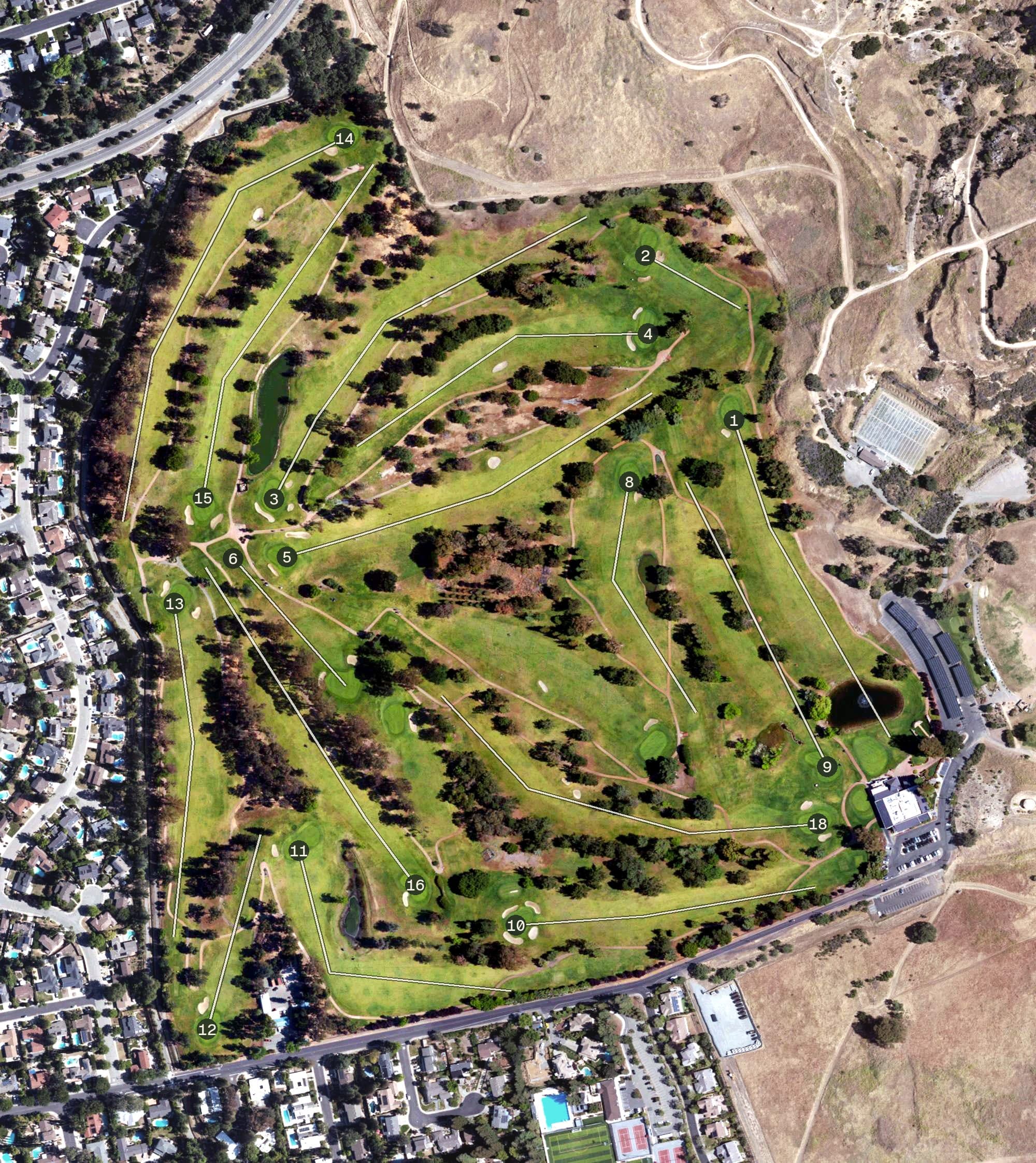 Aerial view of Boundary Oak Golf Course, CA, with its hole routing marked