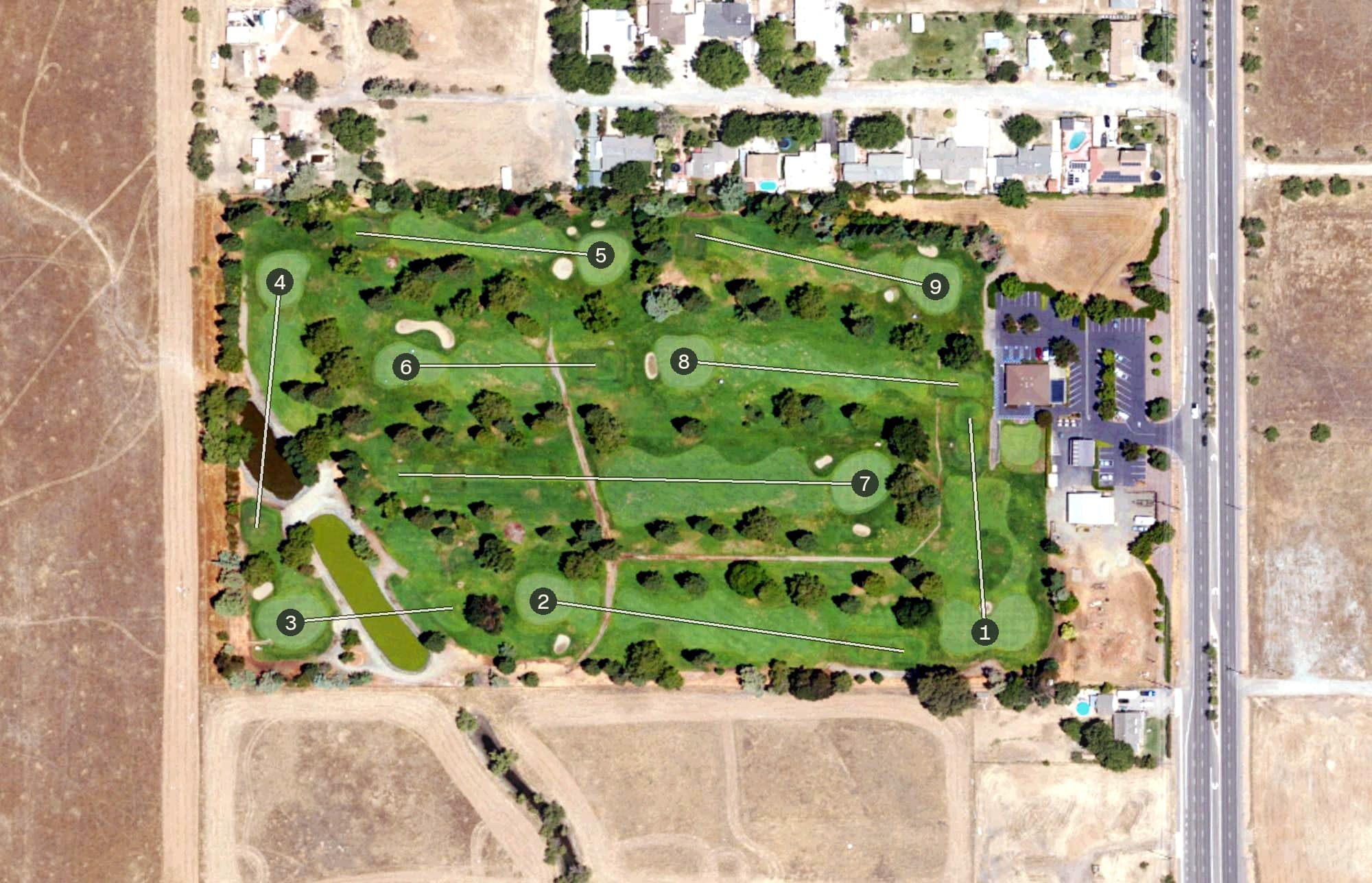 Aerial view of Bradshaw Ranch Golf Course, CA, with its hole routing marked