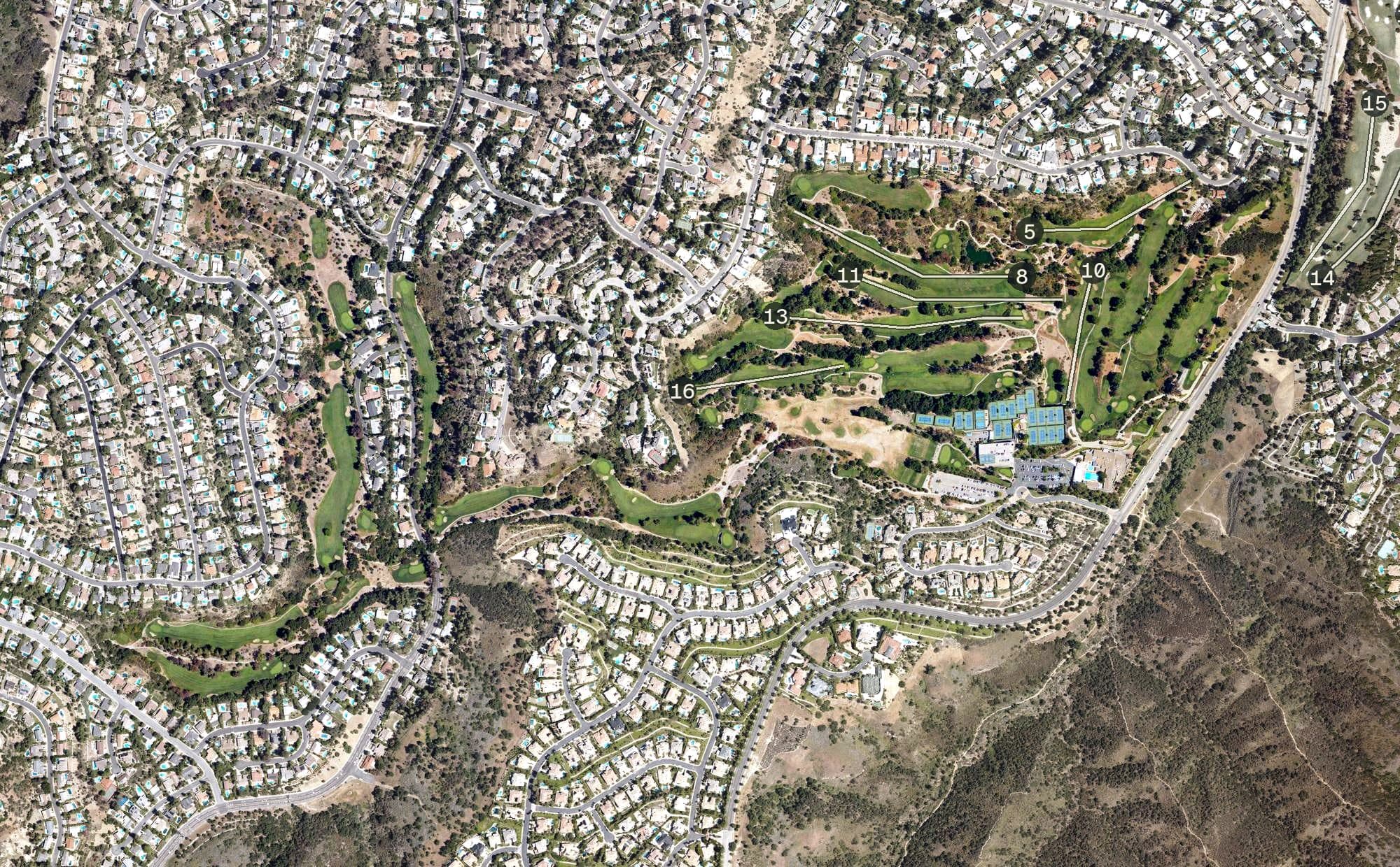 Aerial view of Braemar Country Club, CA, with its hole routing marked