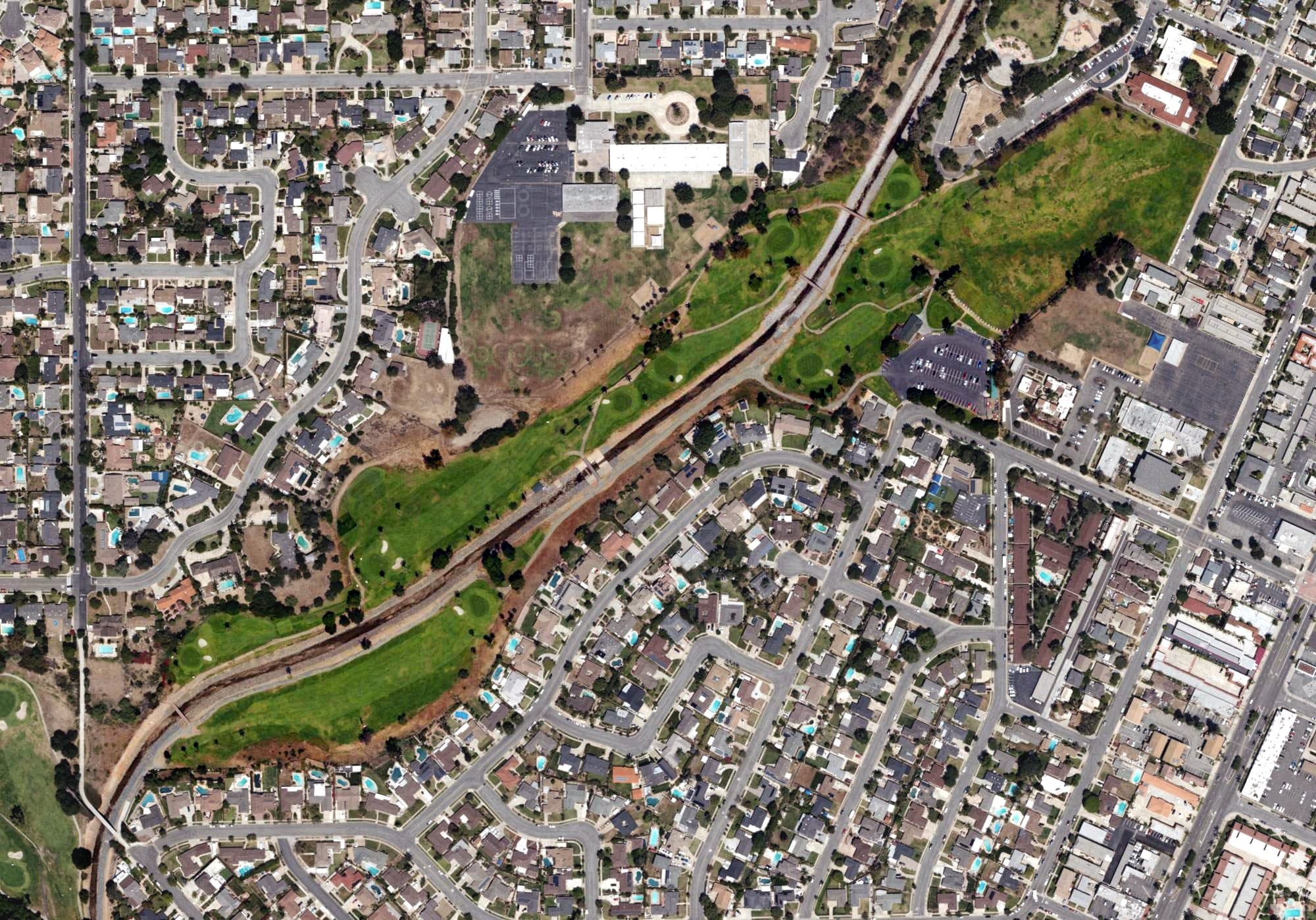 Aerial view of Brea Creek Golf Course, CA, with its hole routing marked
