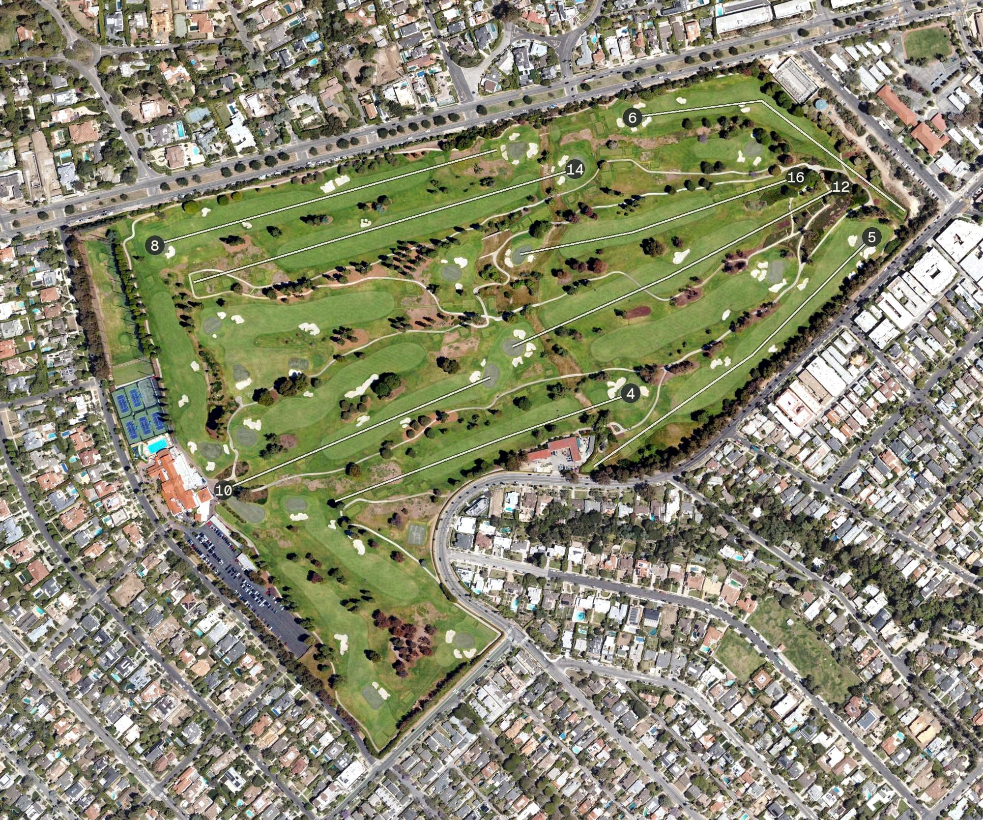 Aerial view of Brentwood Country Club, CA, with its hole routing marked