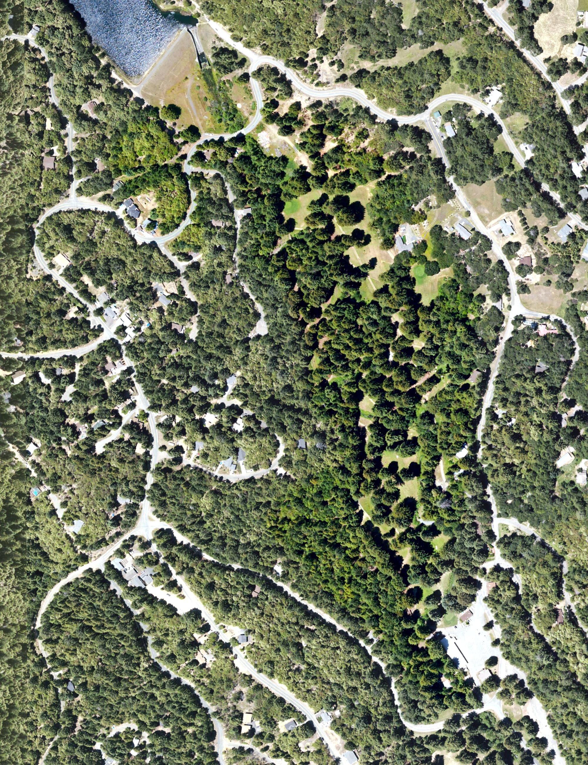 Aerial view of Brooktrails Golf Course, CA, with its hole routing marked