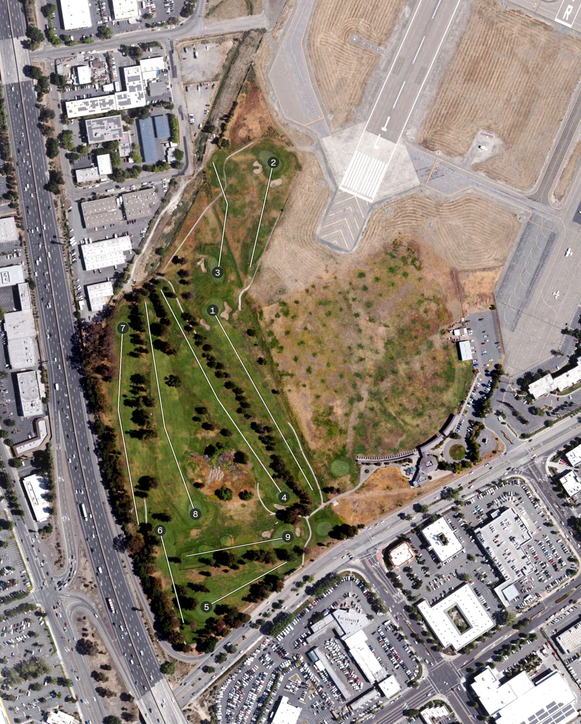 Aerial view of Buchanan Fields Golf Course, CA, with its hole routing marked