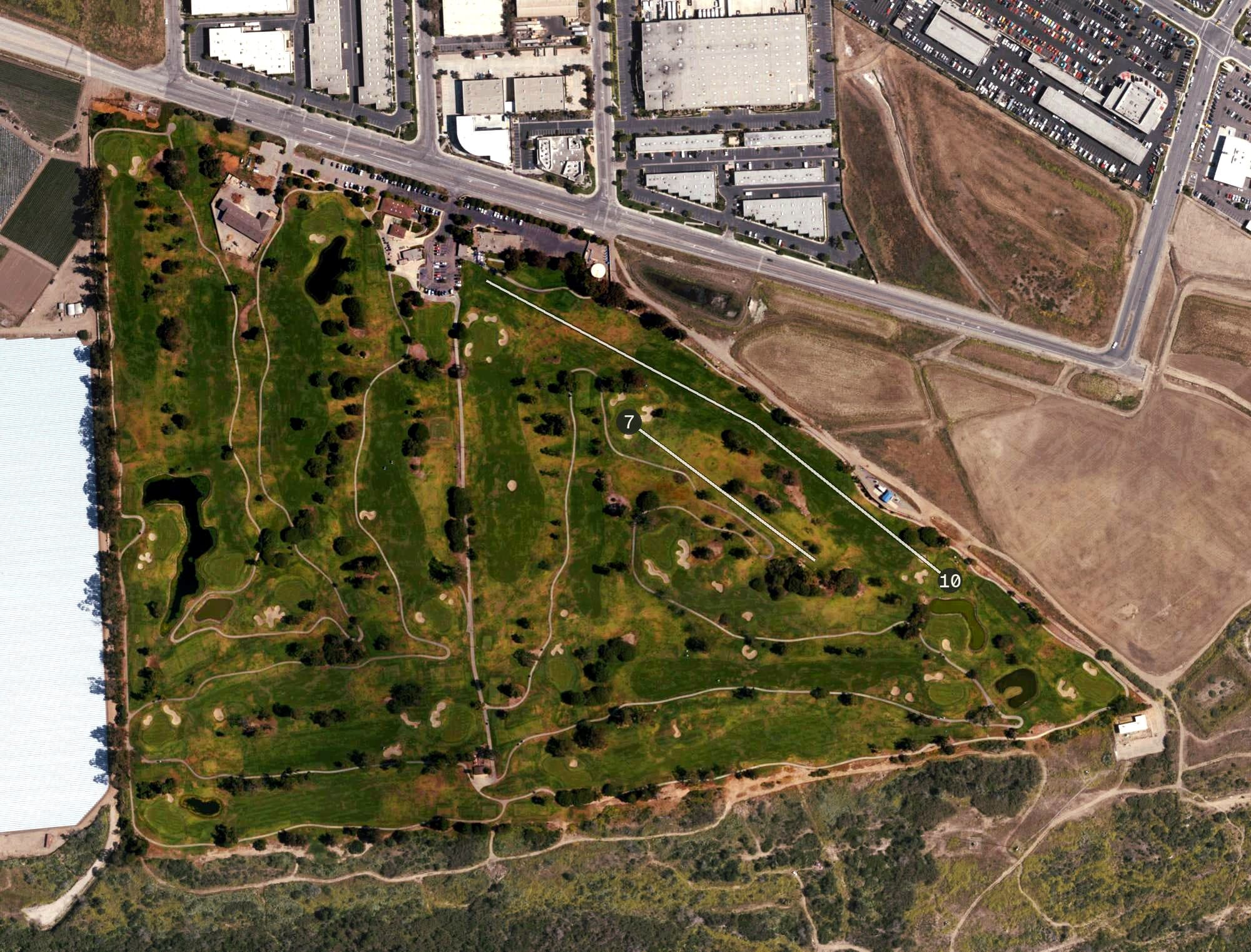 Aerial view of Buenaventura Golf Course, CA, with its hole routing marked