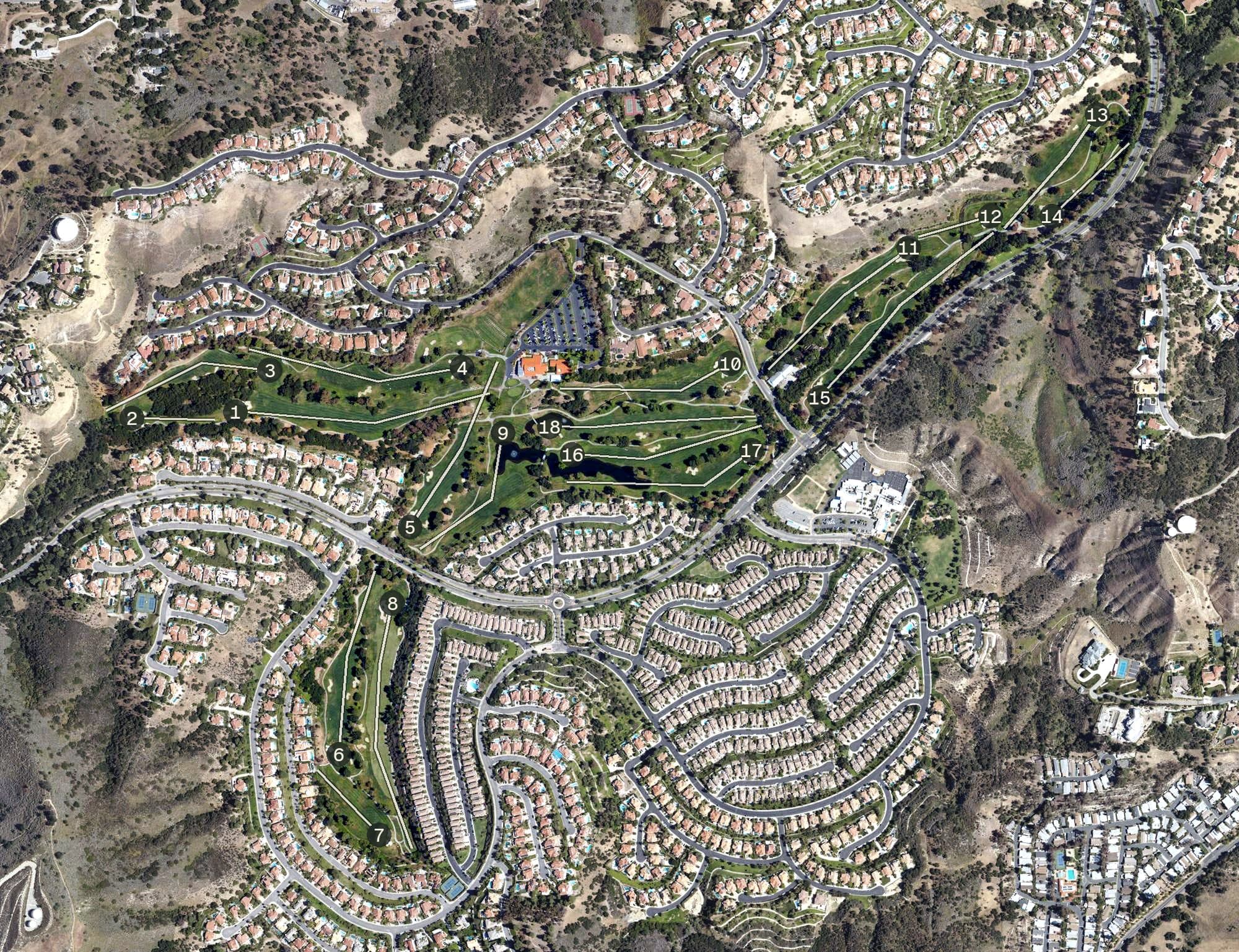 Aerial view of Calabasas Golf and Country Club, CA, with its hole routing marked