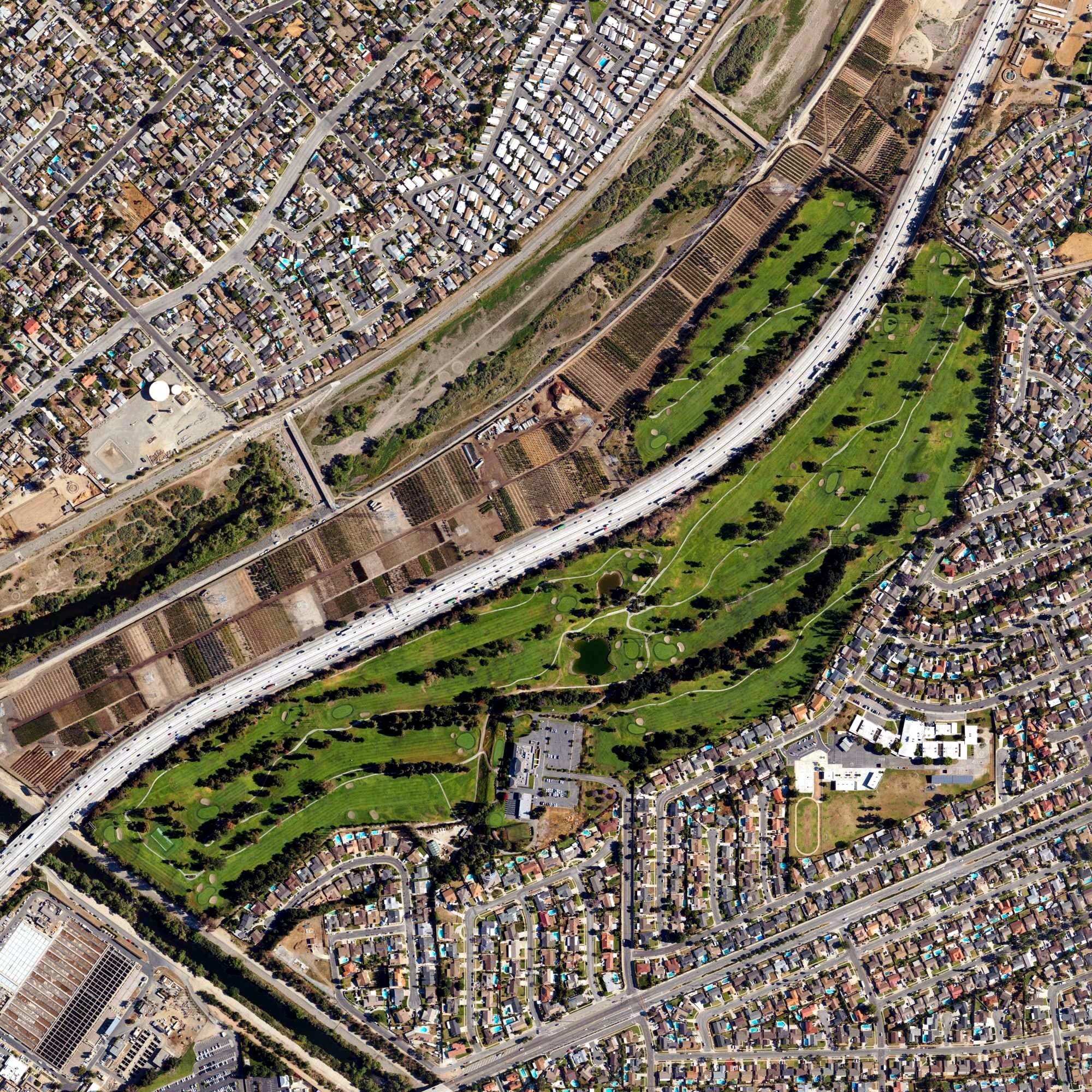 Aerial view of California Country Club, CA, with its hole routing marked