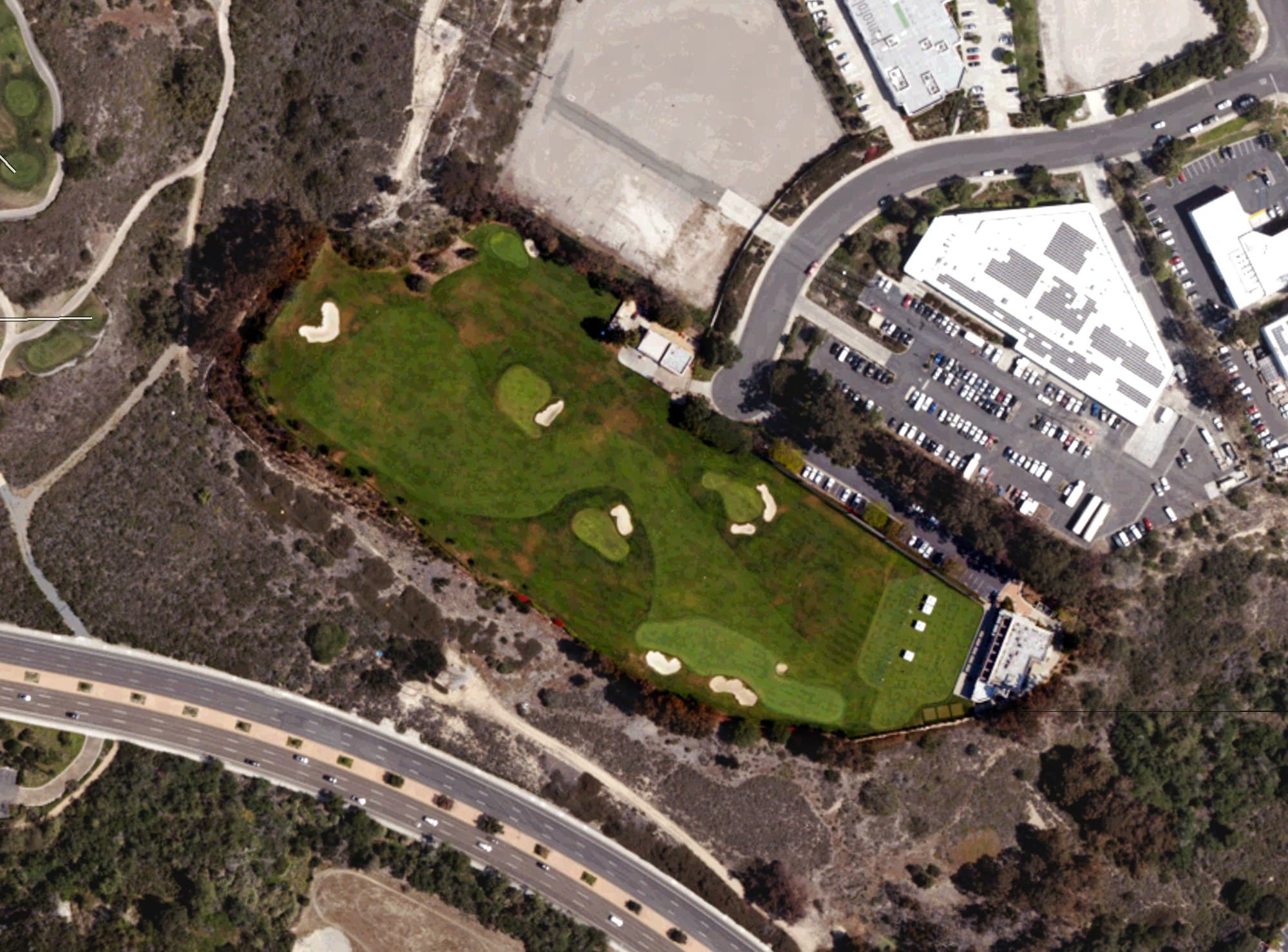 Aerial view of Callaway Golf Test Course, CA, with its hole routing marked