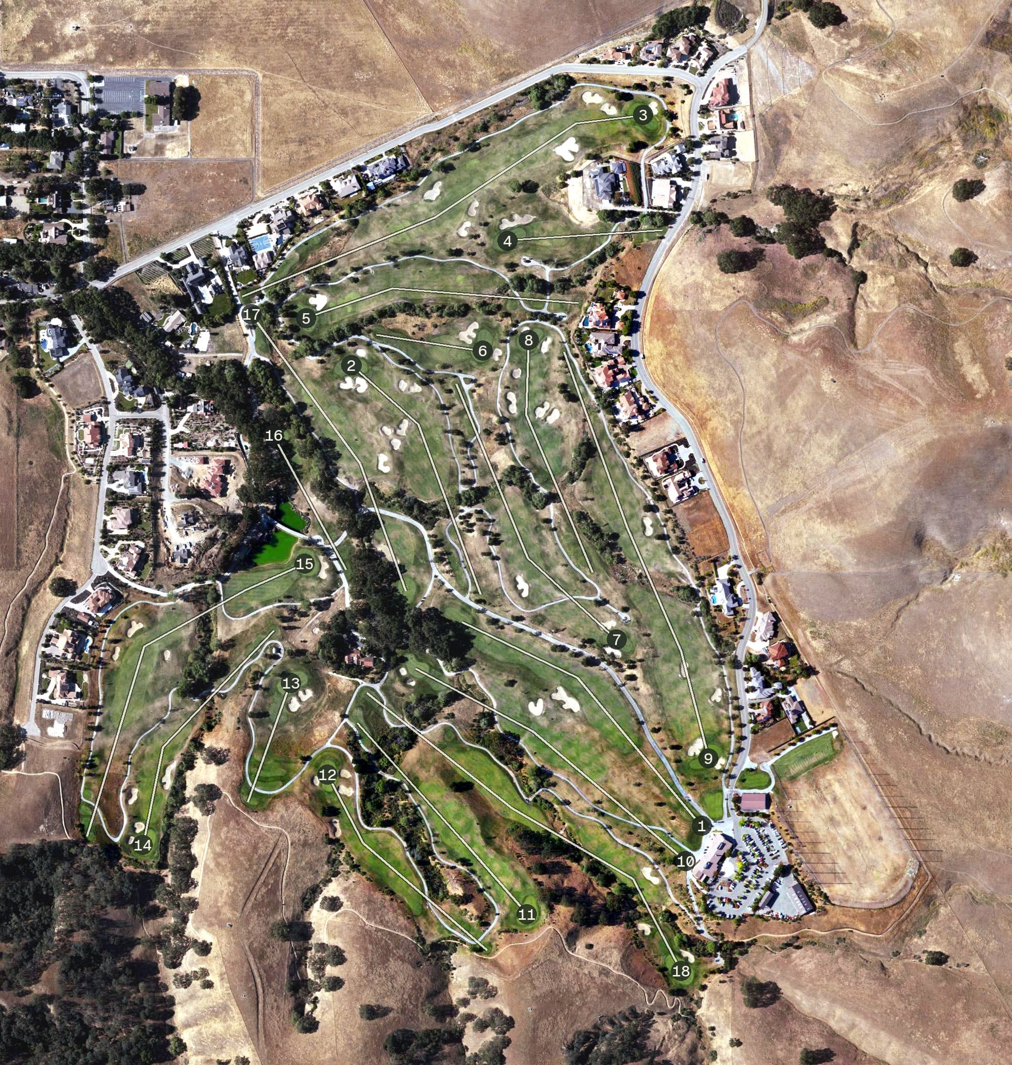 Aerial view of Callippe Preserve, CA, with its hole routing marked