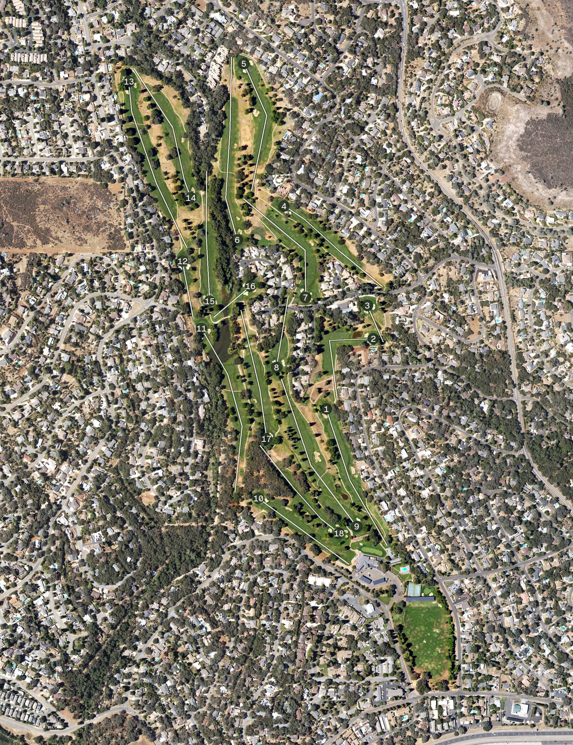 Aerial view of Cameron Park Country Club, CA, with its hole routing marked