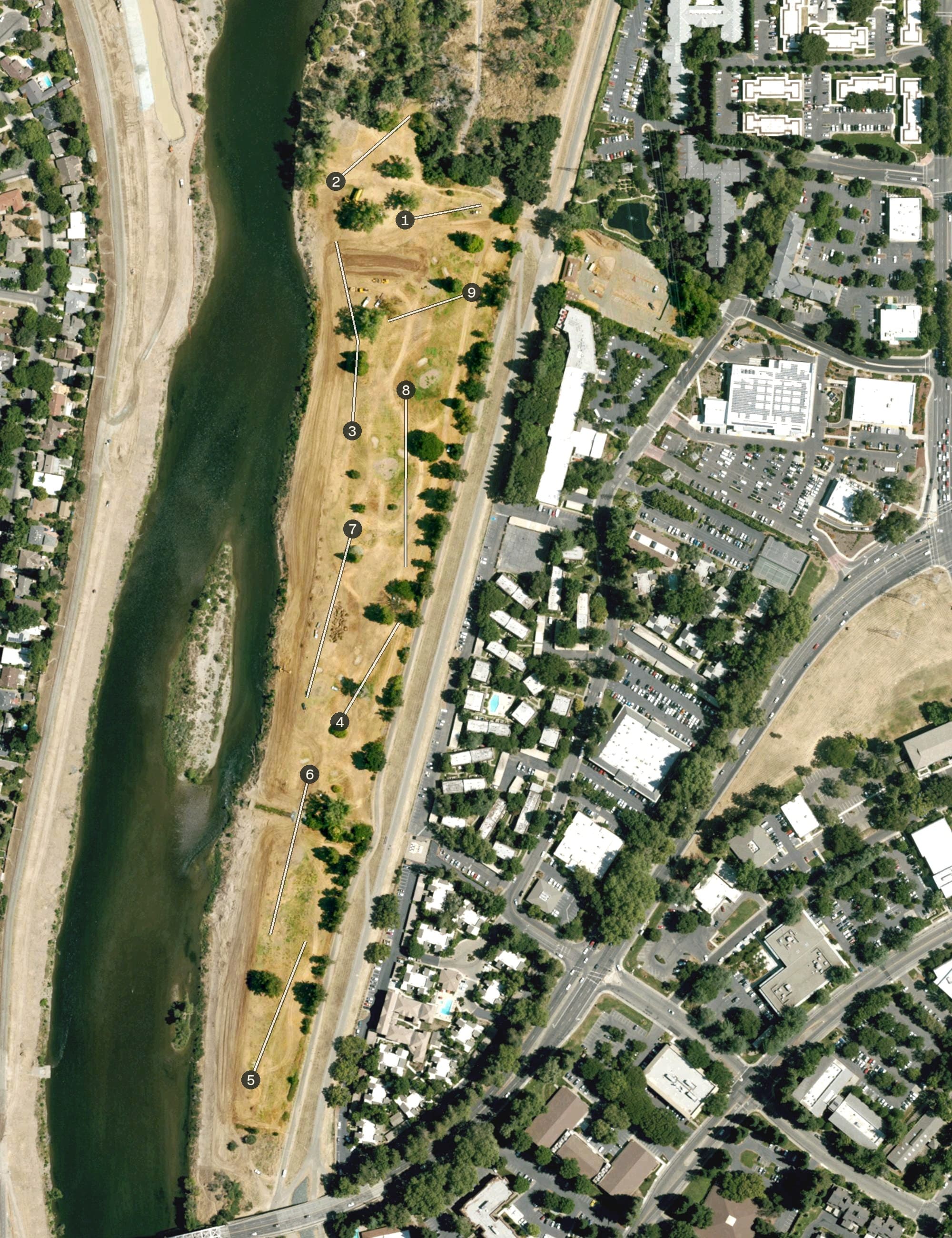 Aerial view of Campus Commons Golf Course, CA, with its hole routing marked
