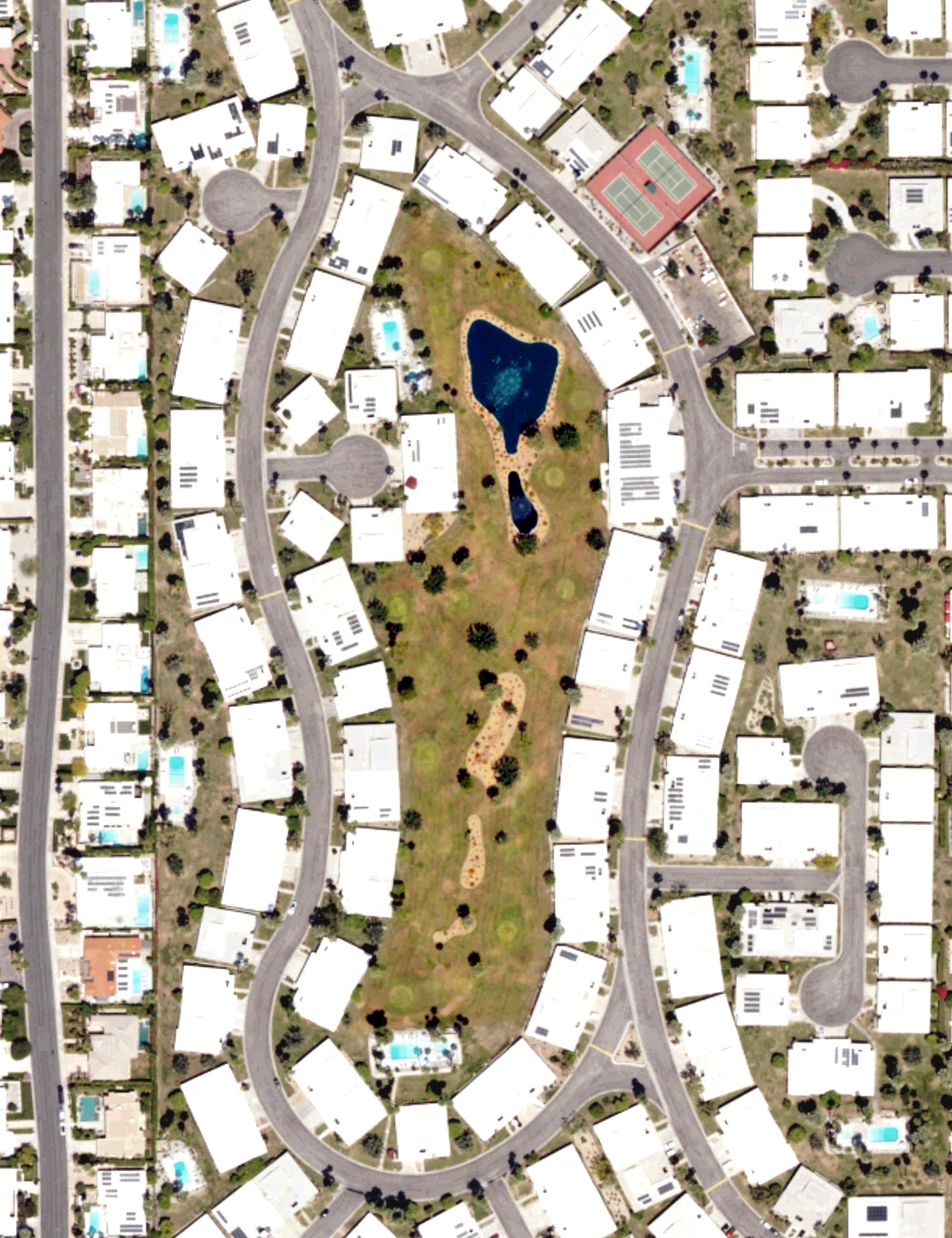 Aerial view of Canyon Estates Golf Course, CA, with its hole routing marked