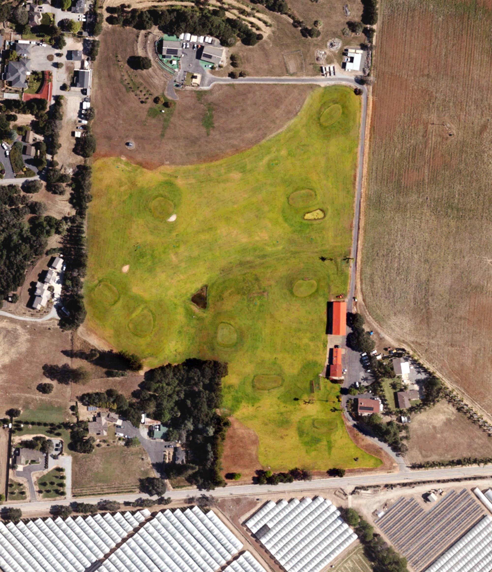 Aerial view of Casserly Par Three Golf Course, CA, with its hole routing marked