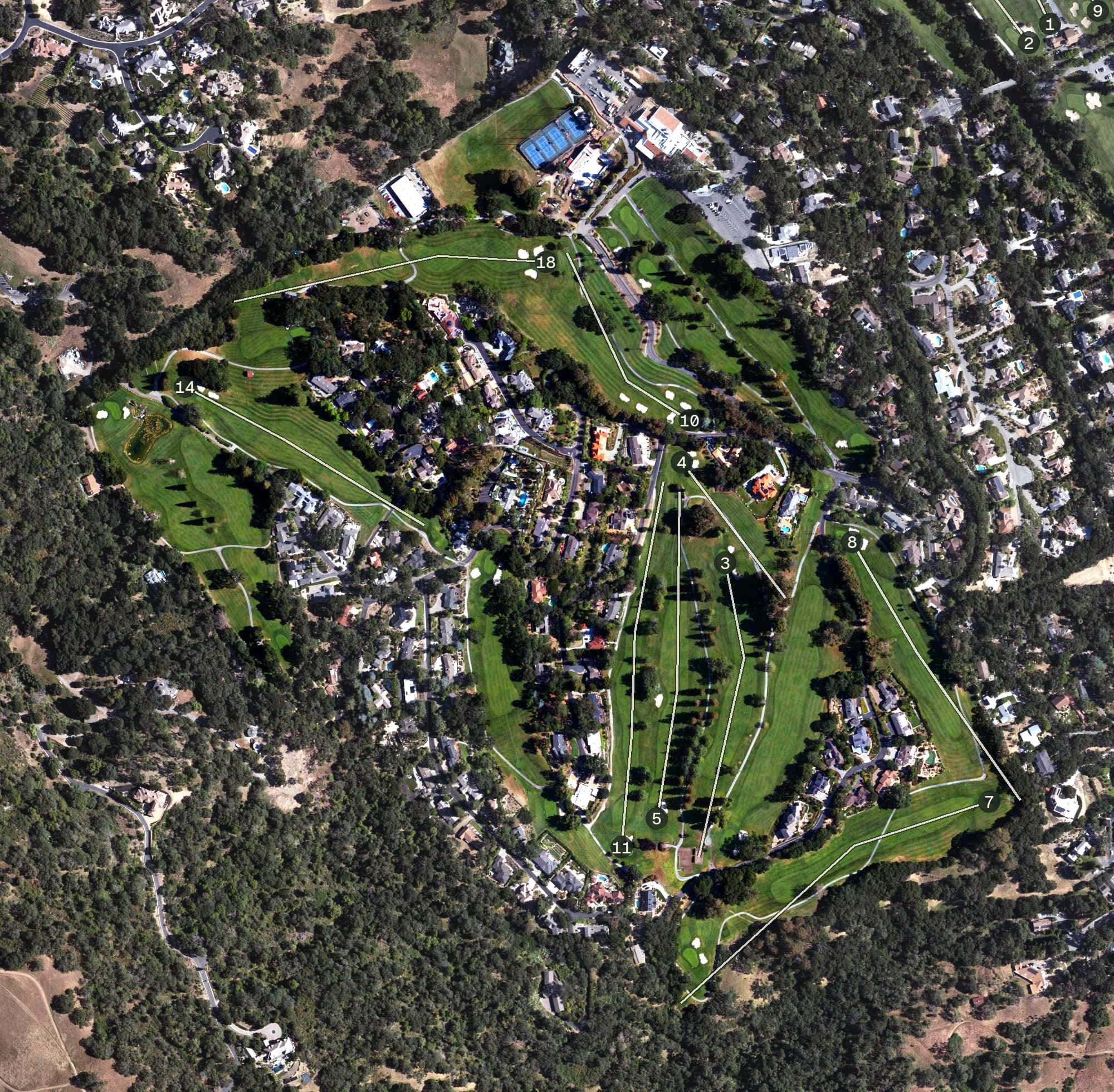 Aerial view of Castlewood Country Club - Hill Course, CA, with its hole routing marked