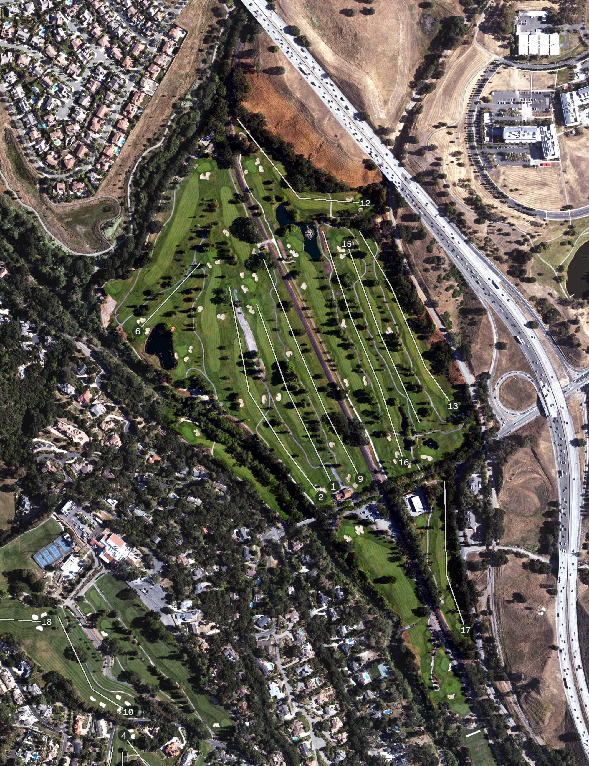 Aerial view of Castlewood Country Club - Valley Course, CA, with its hole routing marked