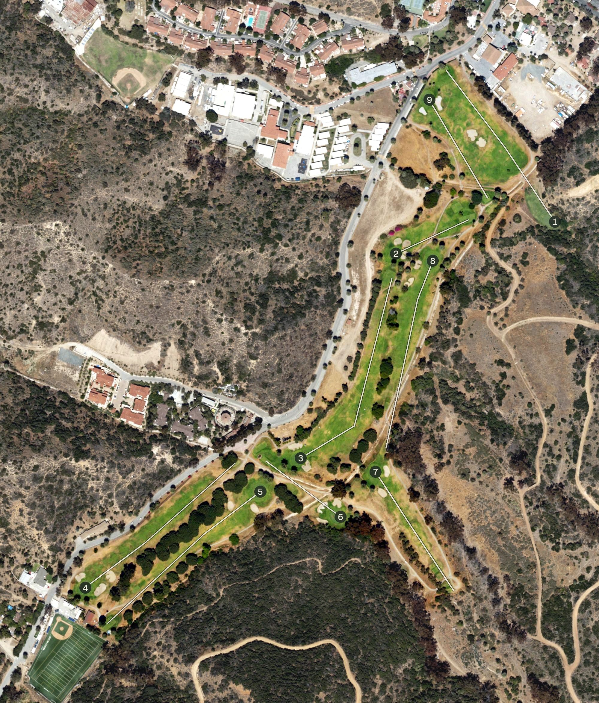 Aerial view of Catalina Island Golf Course, CA, with its hole routing marked