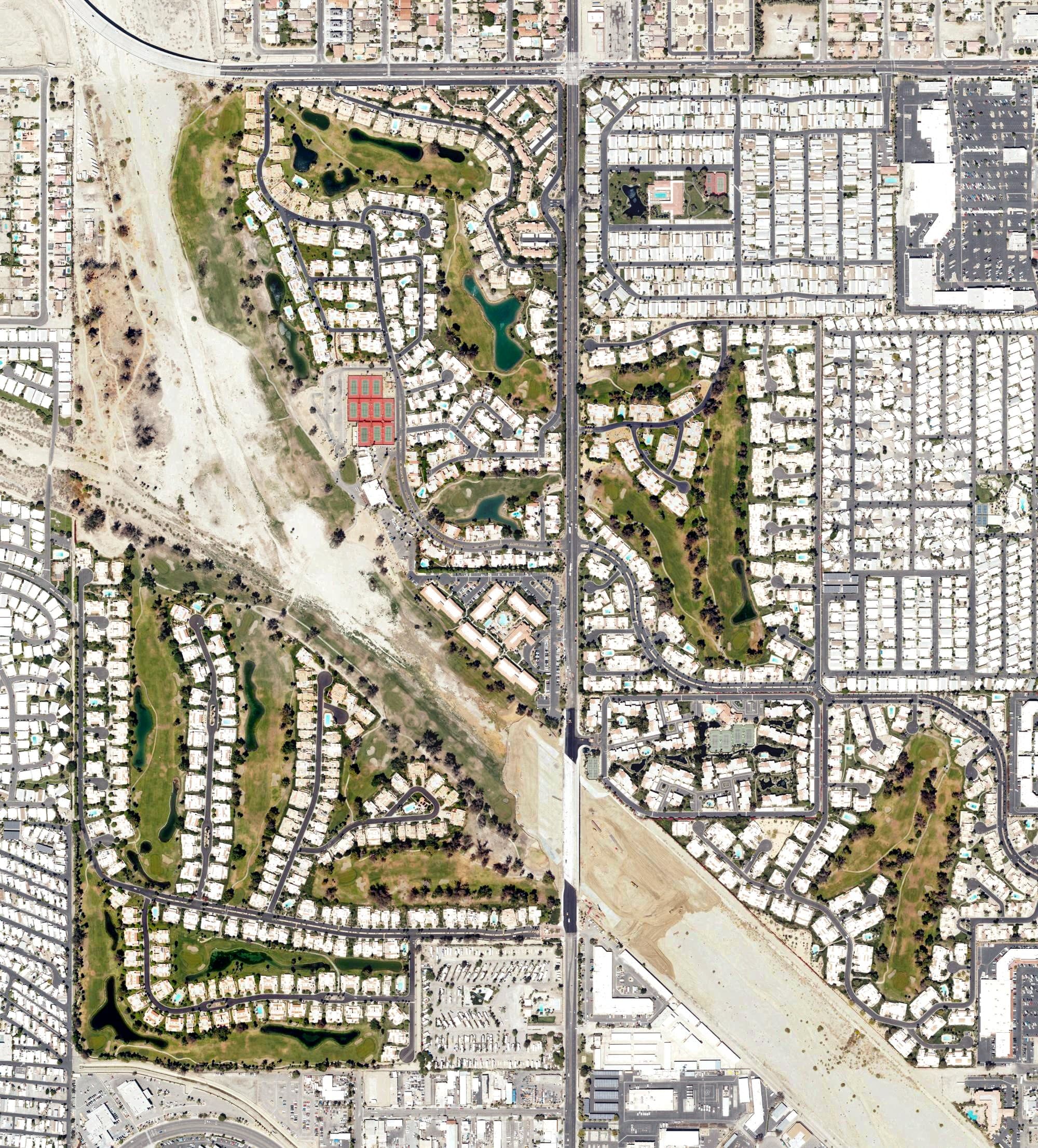 Aerial view of Cathedral Canyon Golf Club, CA, with its hole routing marked