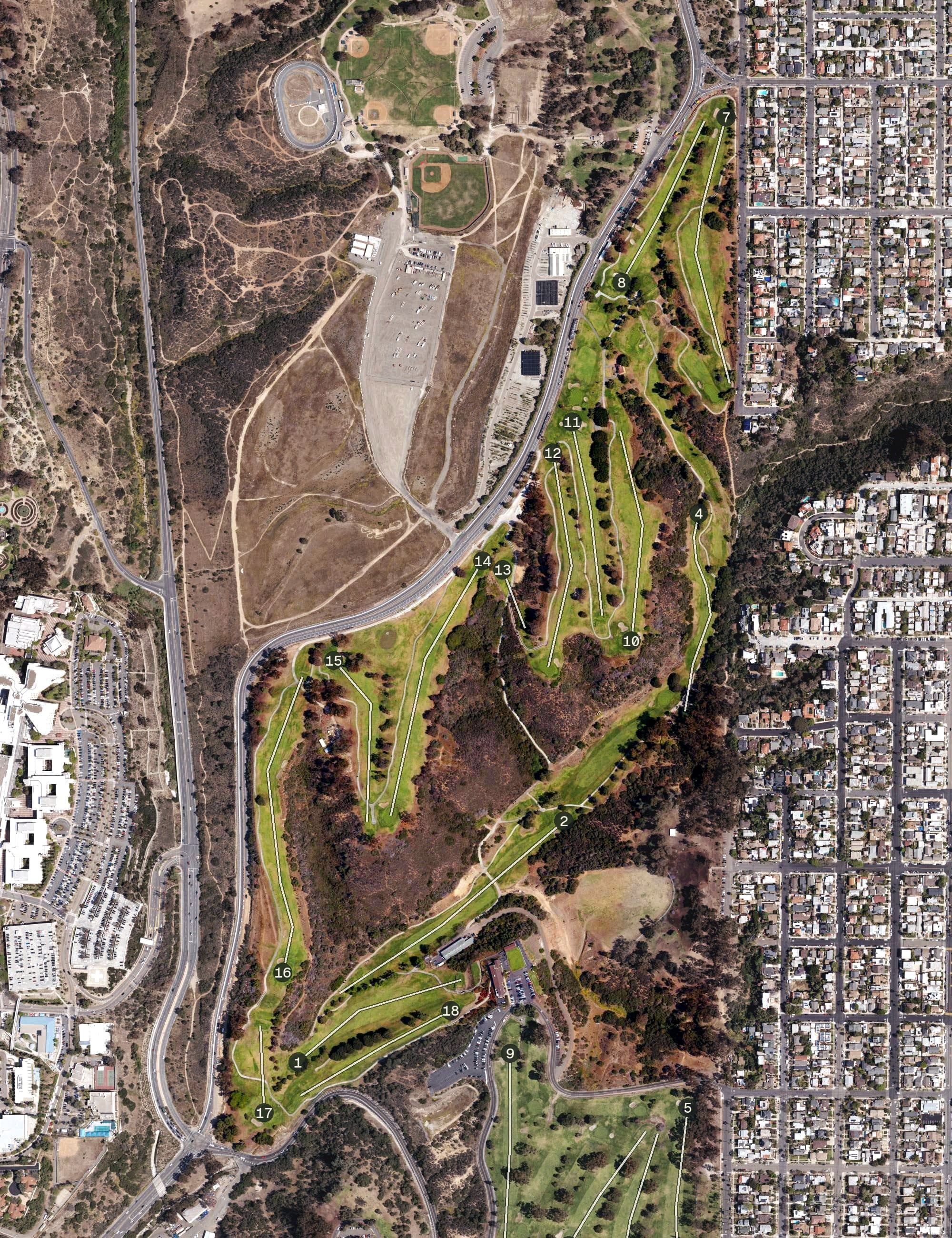 Aerial view of Championship Course, CA, with its hole routing marked
