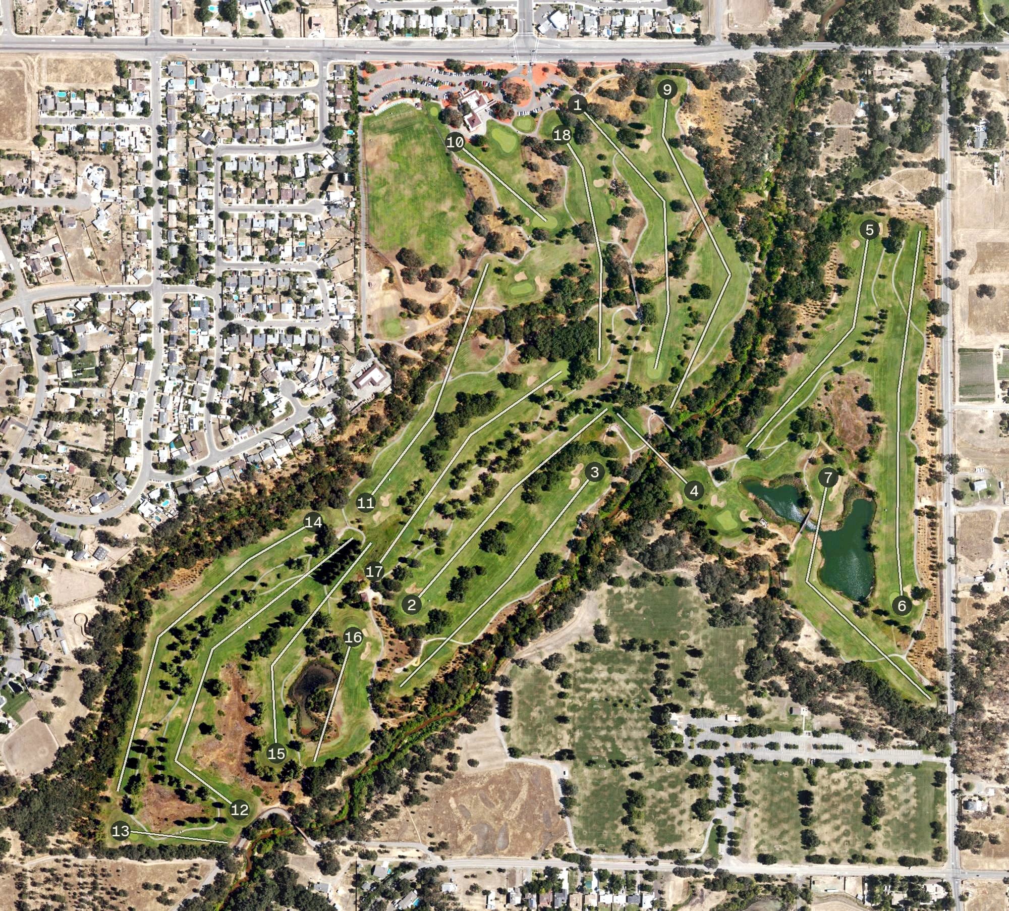 Aerial view of Cherry Island Golf Course, CA, with its hole routing marked