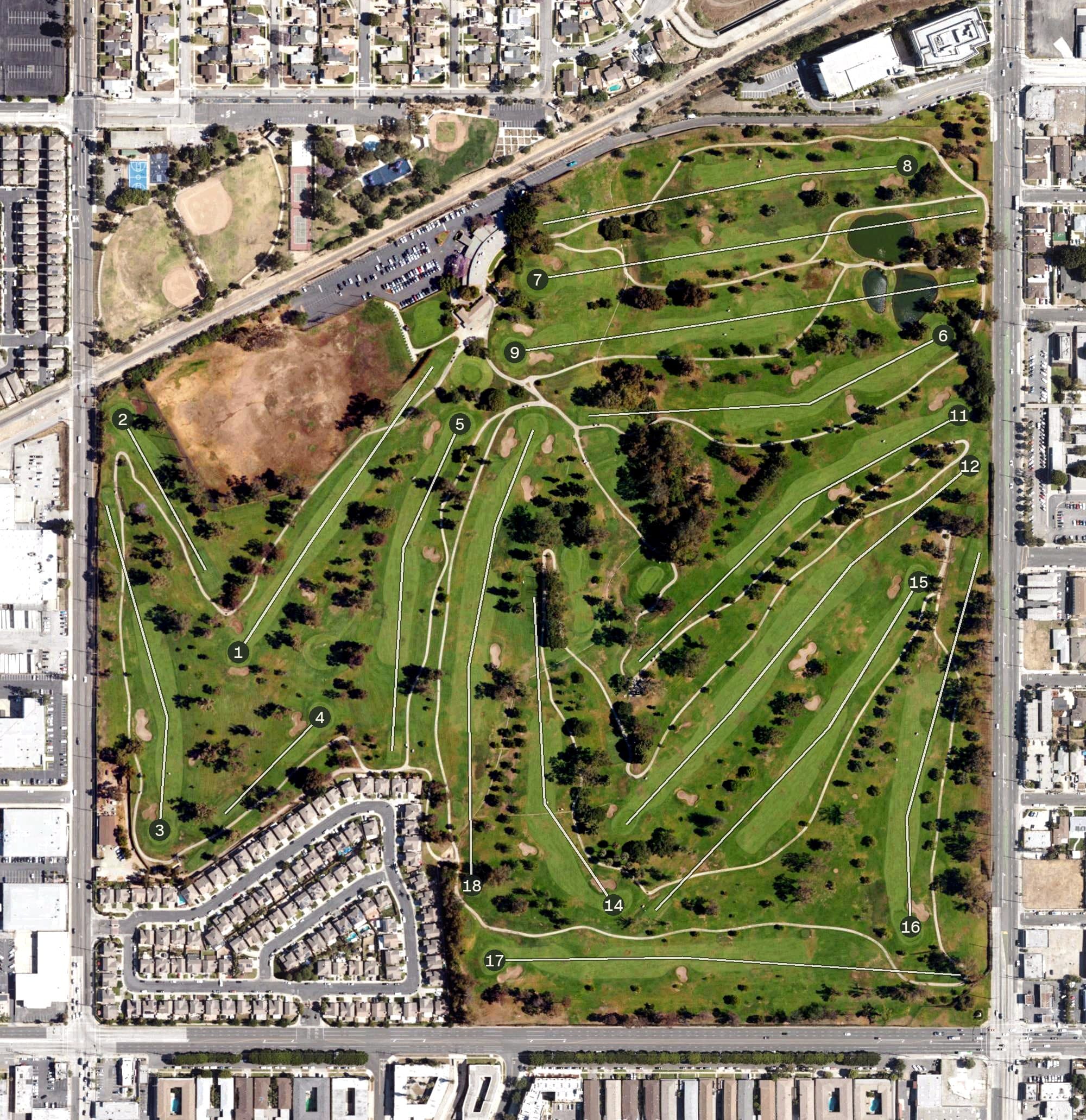 Aerial view of Chester Washington Golf Course, CA, with its hole routing marked