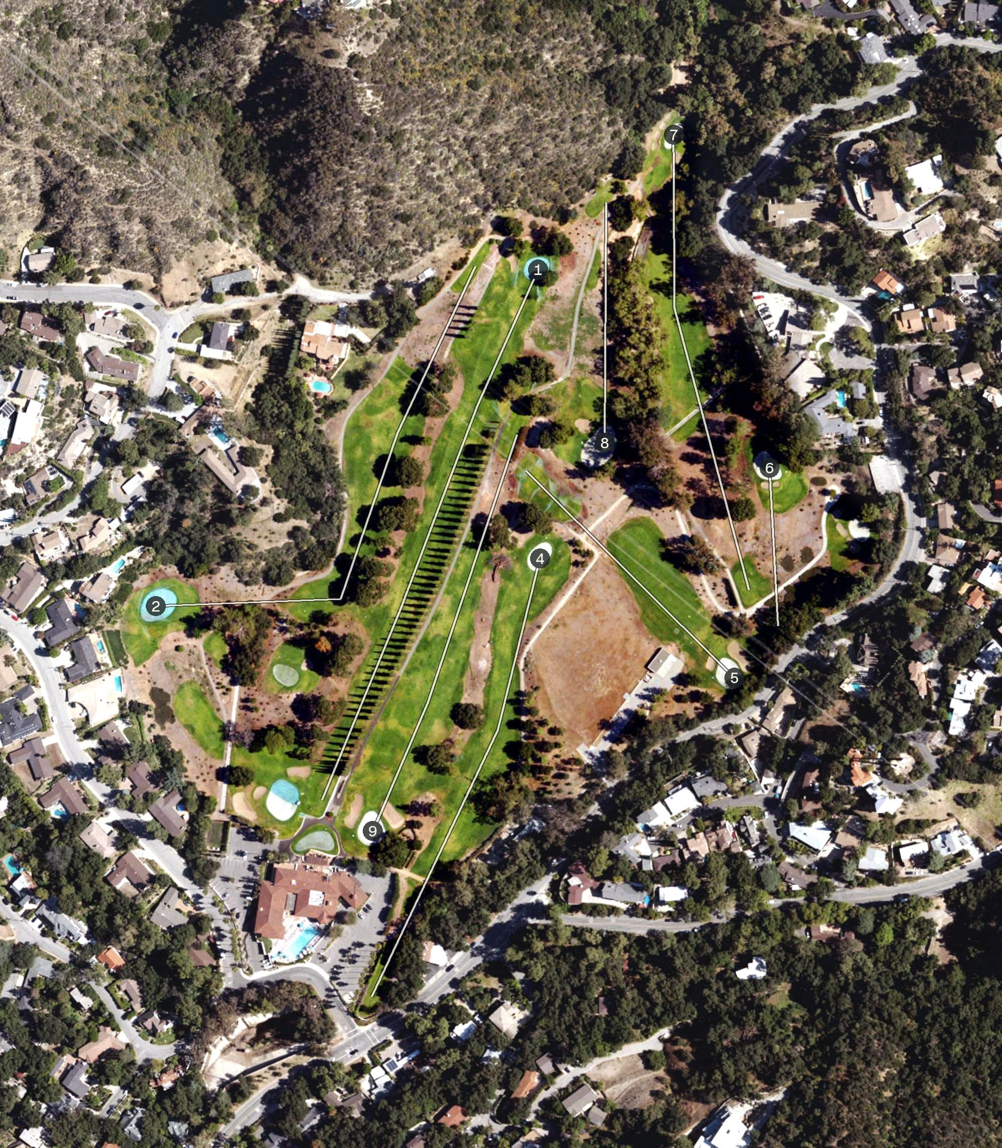 Aerial view of Chevy Chase Country Club, CA, with its hole routing marked