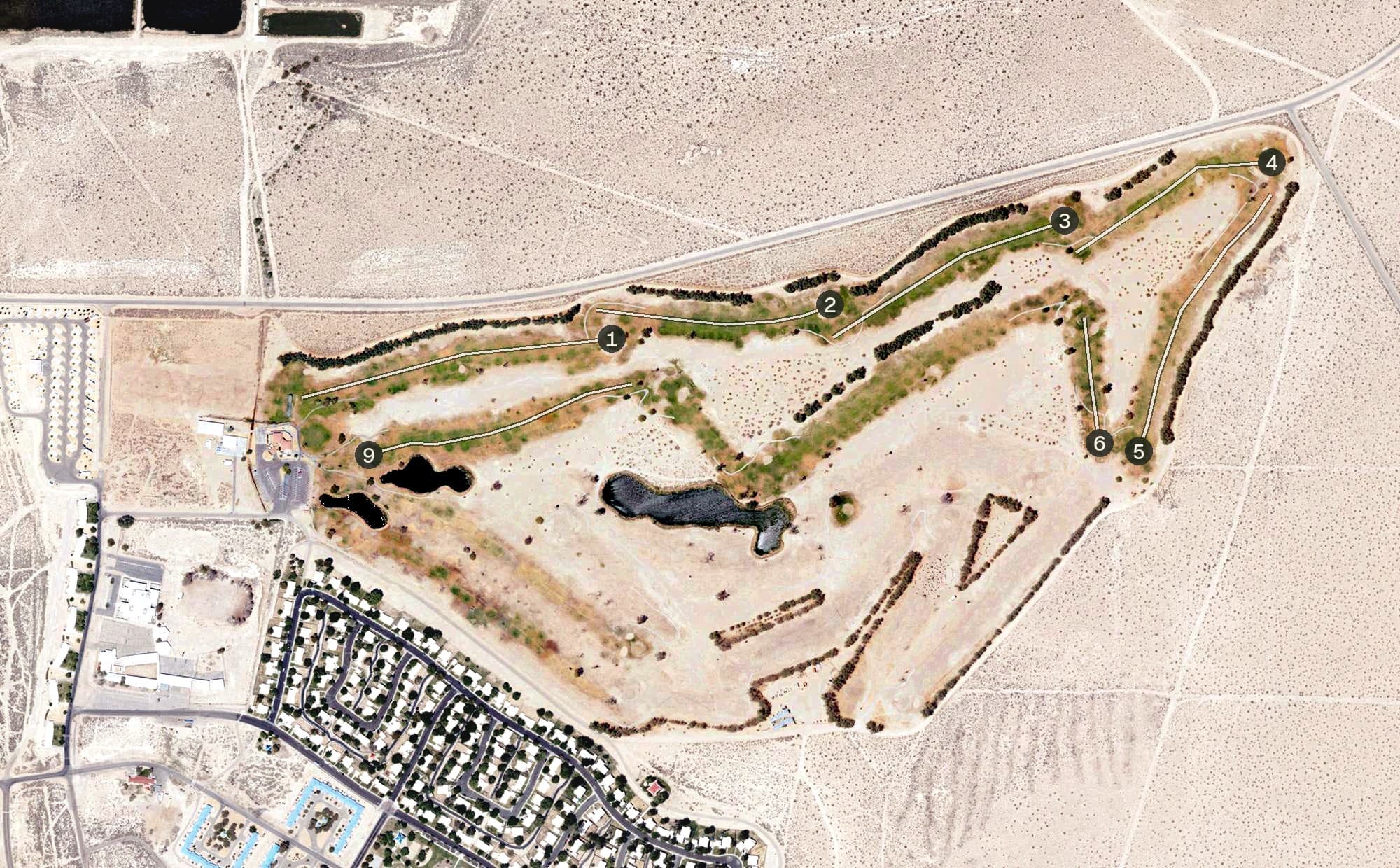 Aerial view of China Lake Golf Course, CA, with its hole routing marked