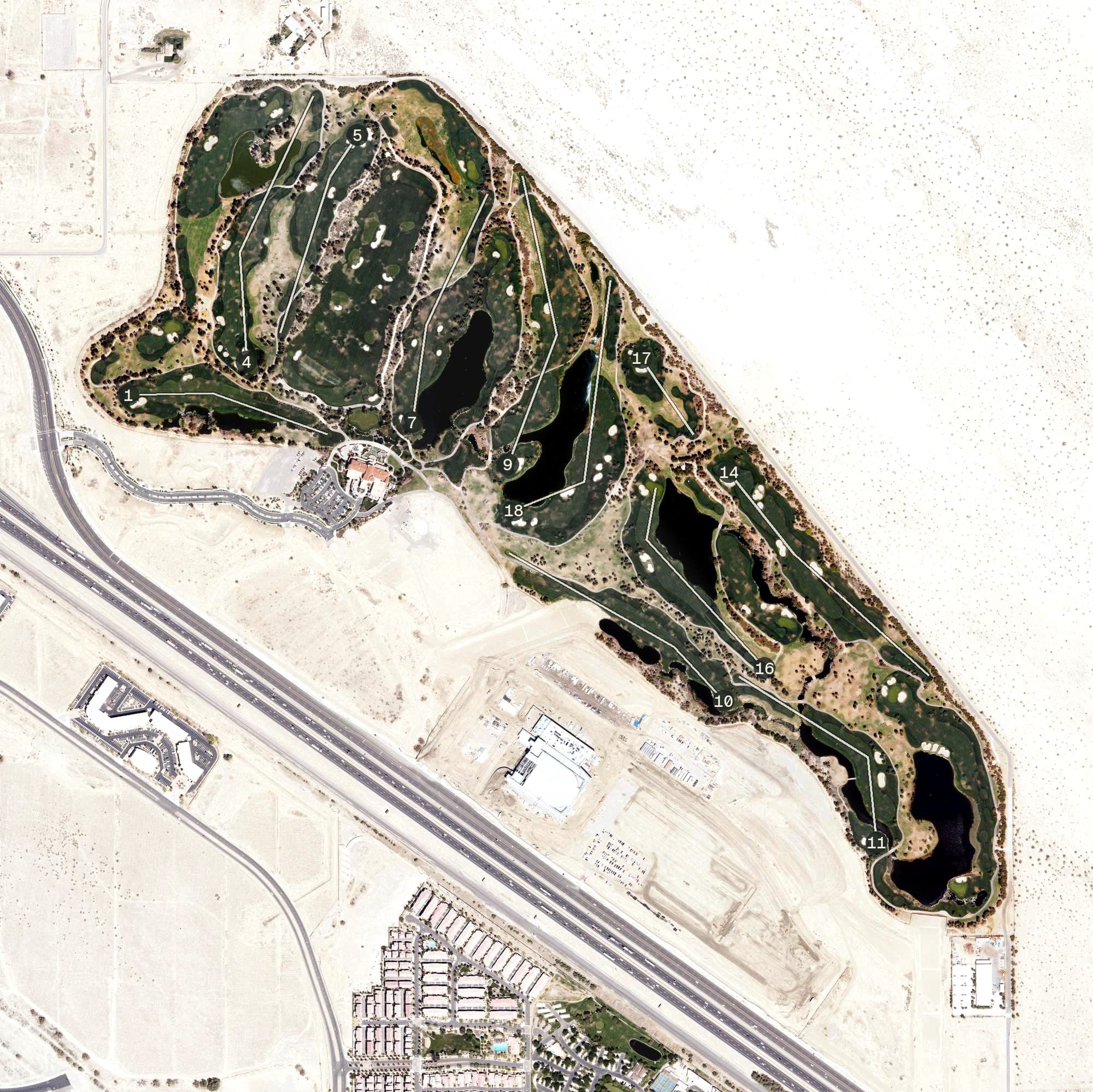 Aerial view of Classic Club Golf Course, CA, with its hole routing marked
