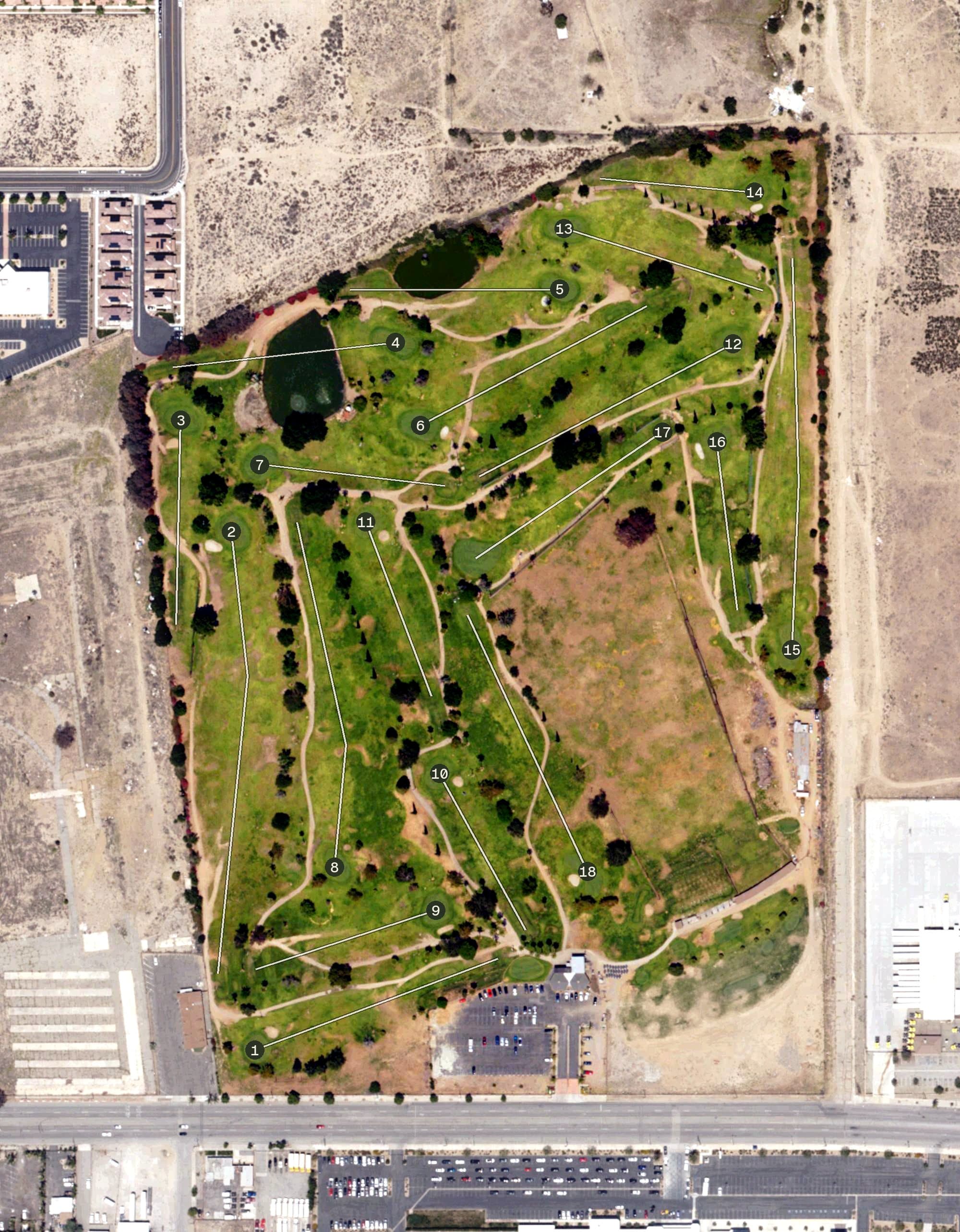 Aerial view of Colton Golf Course, CA, with its hole routing marked