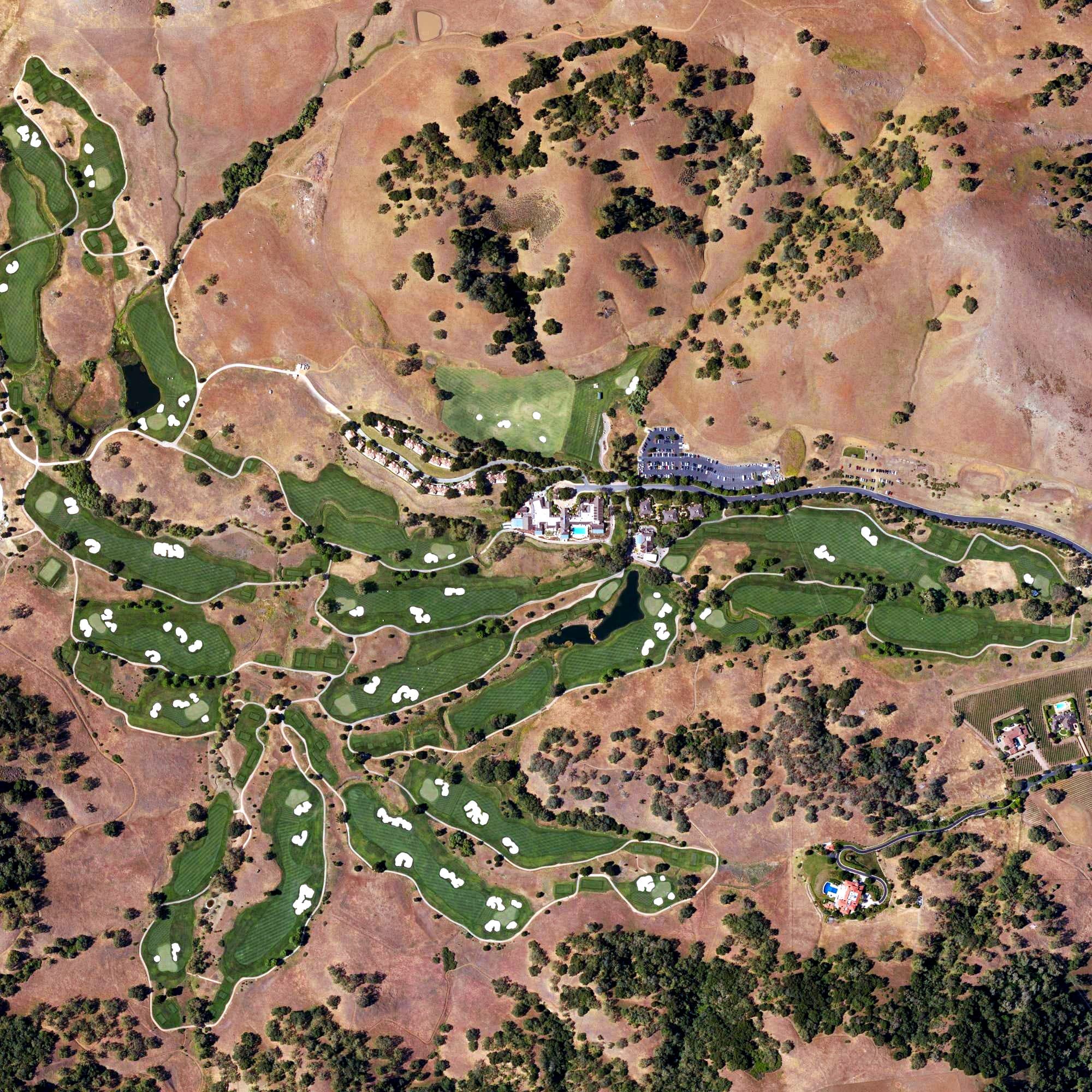 Aerial view of CordeValle Golf Club, CA, with its hole routing marked