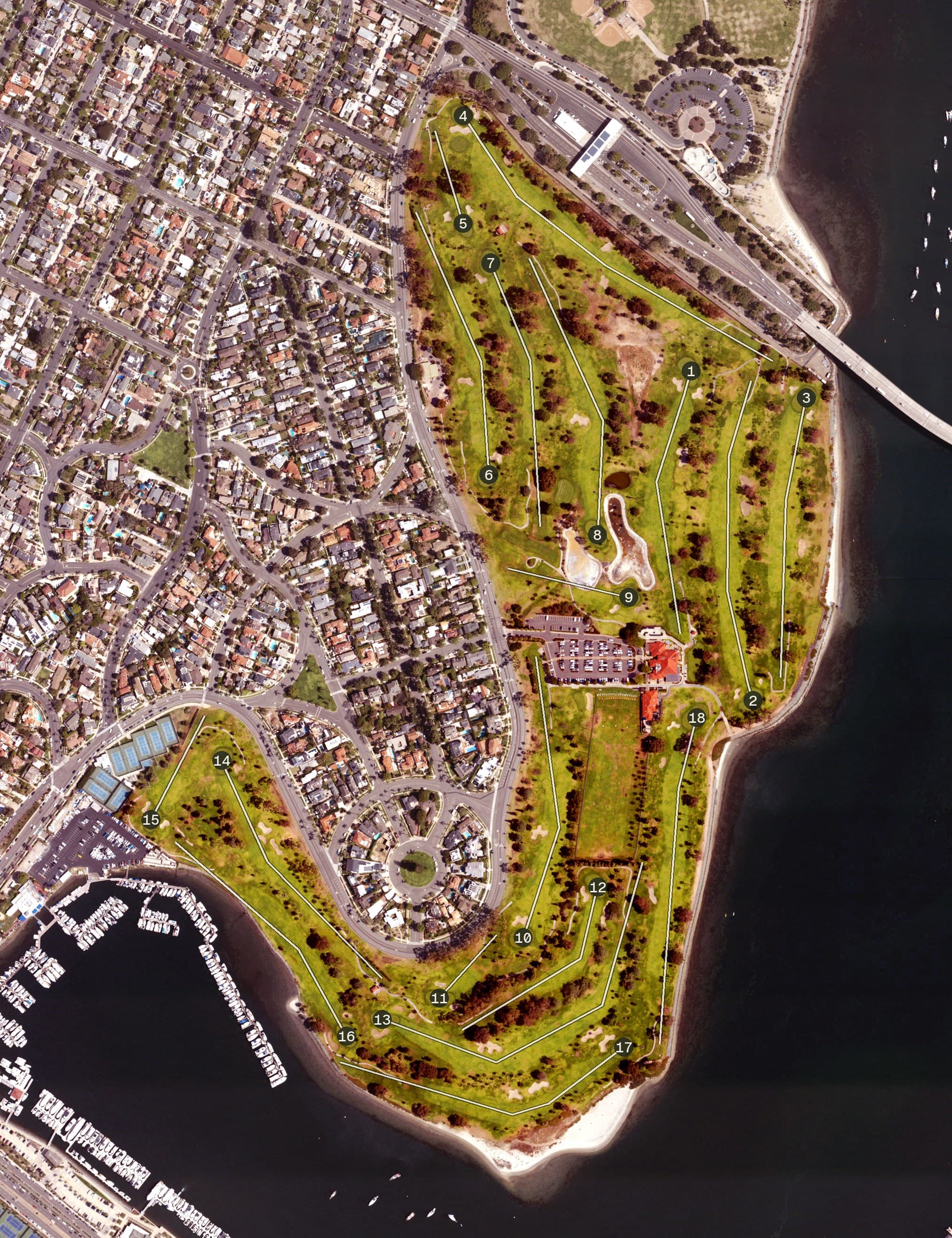 Aerial view of Coronado Golf Course, CA, with its hole routing marked