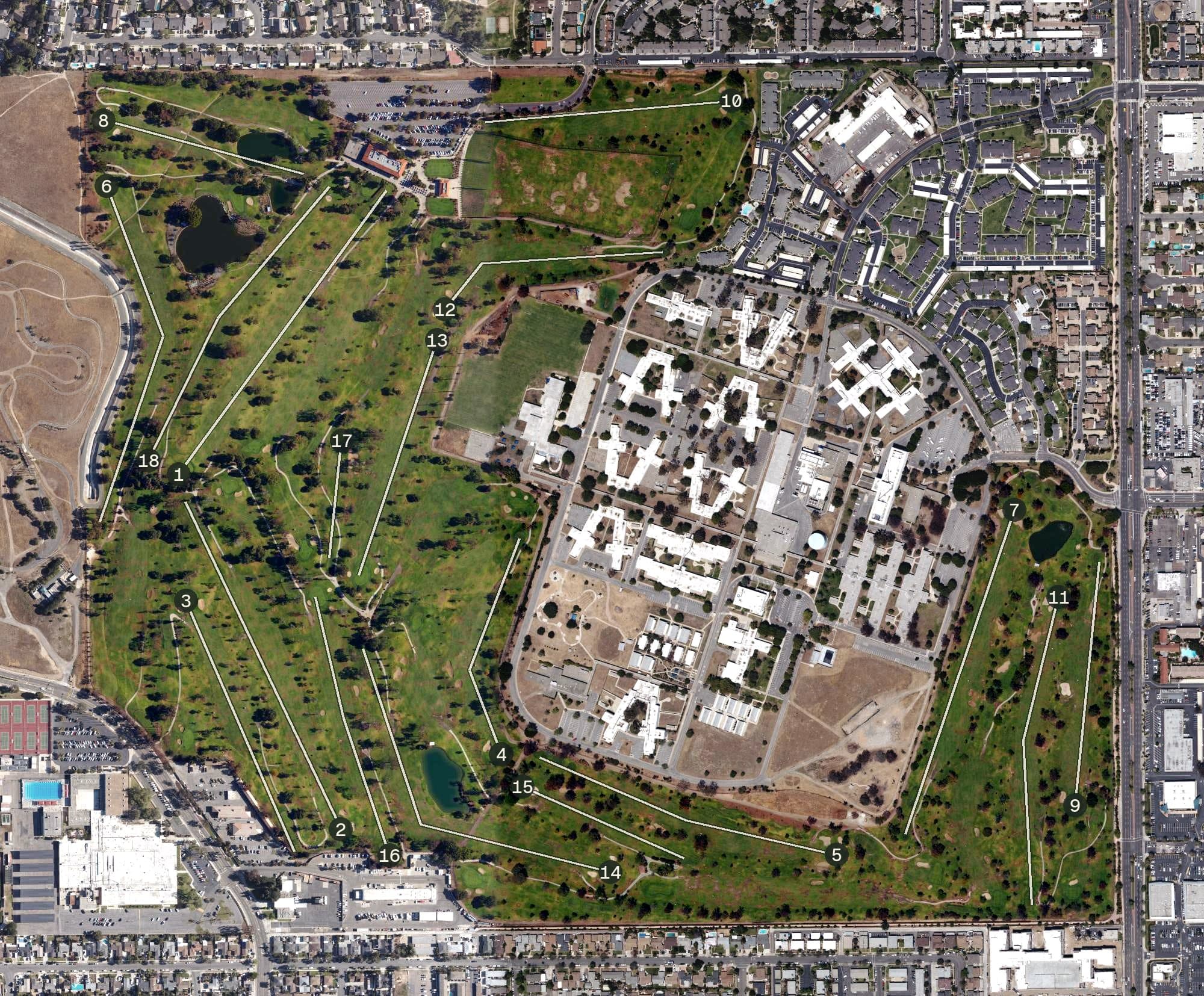 Aerial view of Costa Mesa Country Club, CA, with its hole routing marked