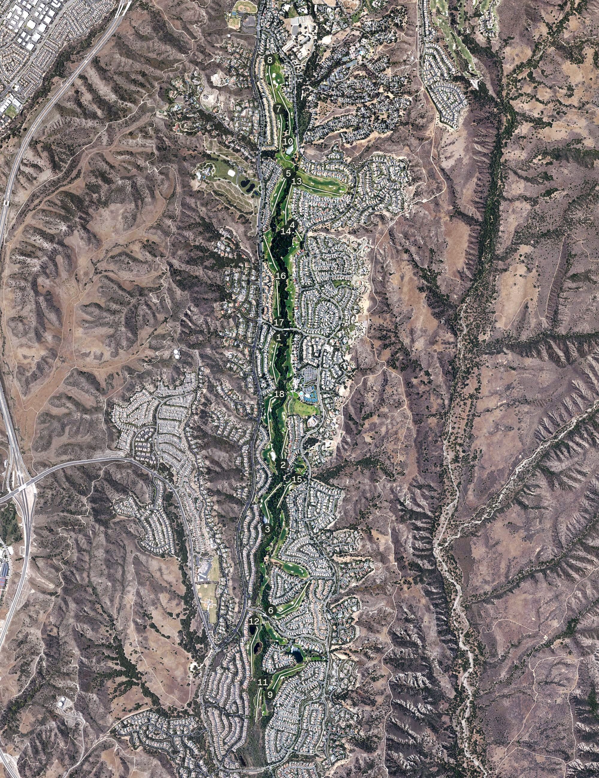 Aerial view of Coto de Caza Golf & Racquet Club, CA, with its hole routing marked