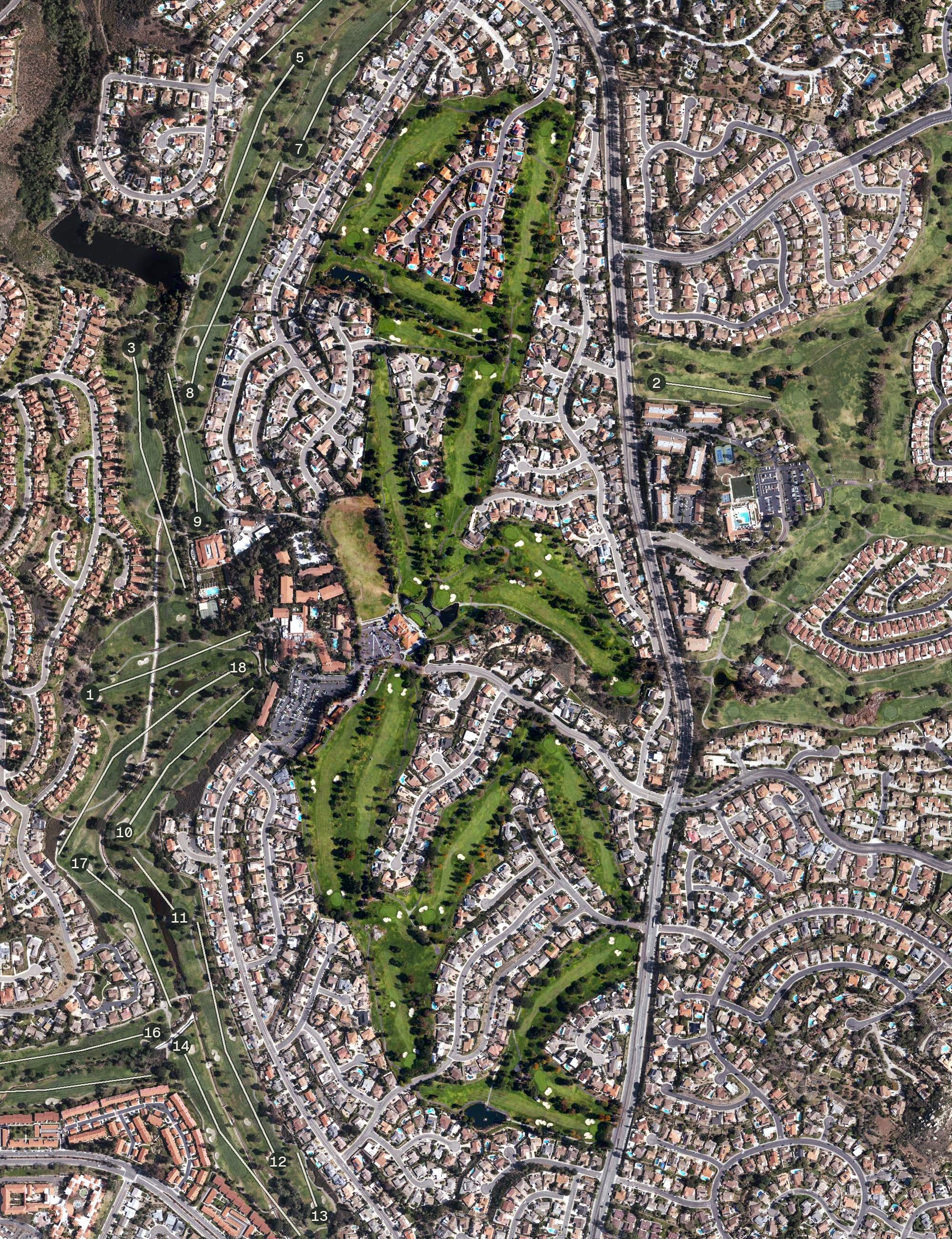 Aerial view of Country Club of Rancho Bernardo;Rancho Bernardo Golf Course, CA, with its hole routing marked