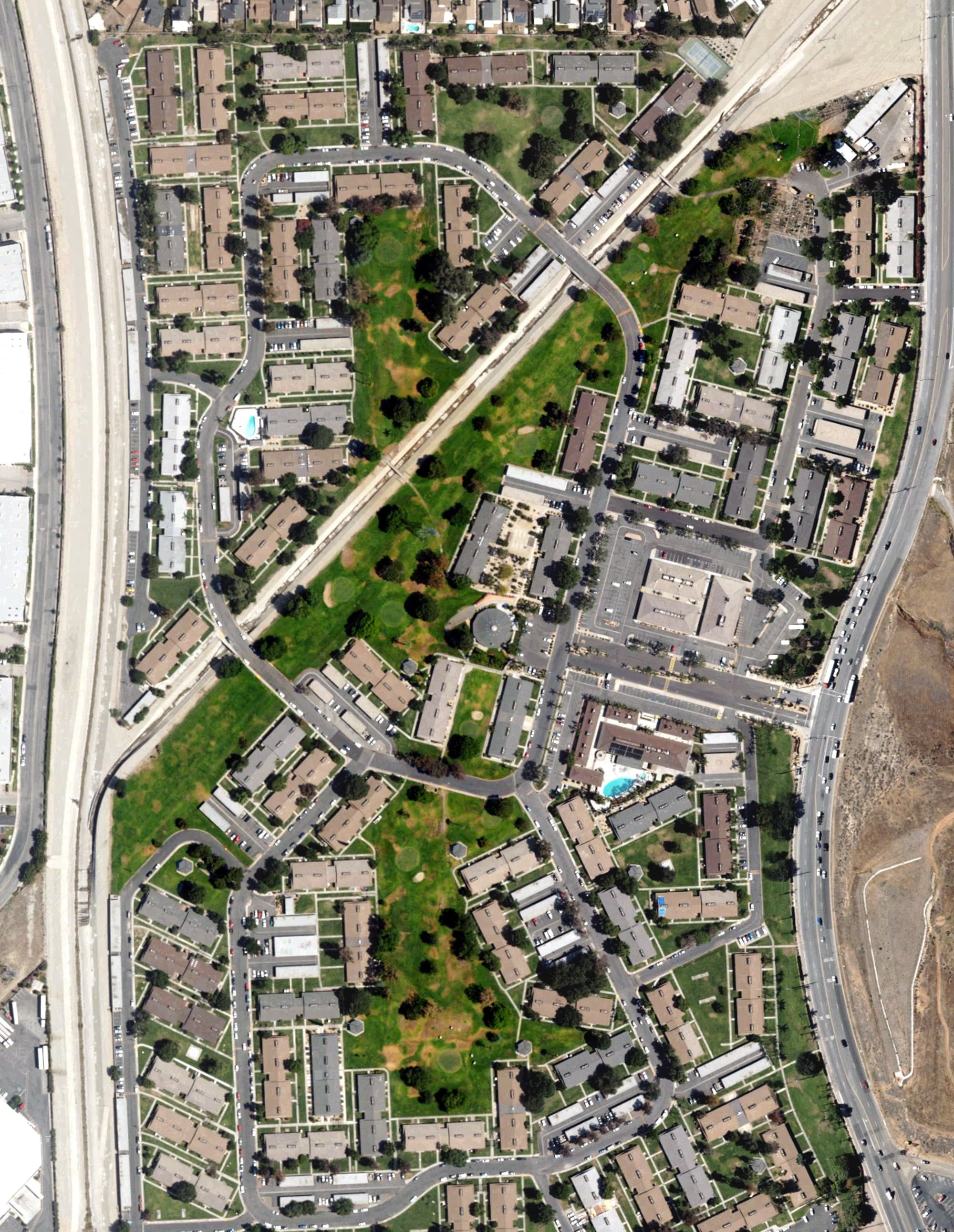 Aerial view of Country Village Golf Course, CA, with its hole routing marked