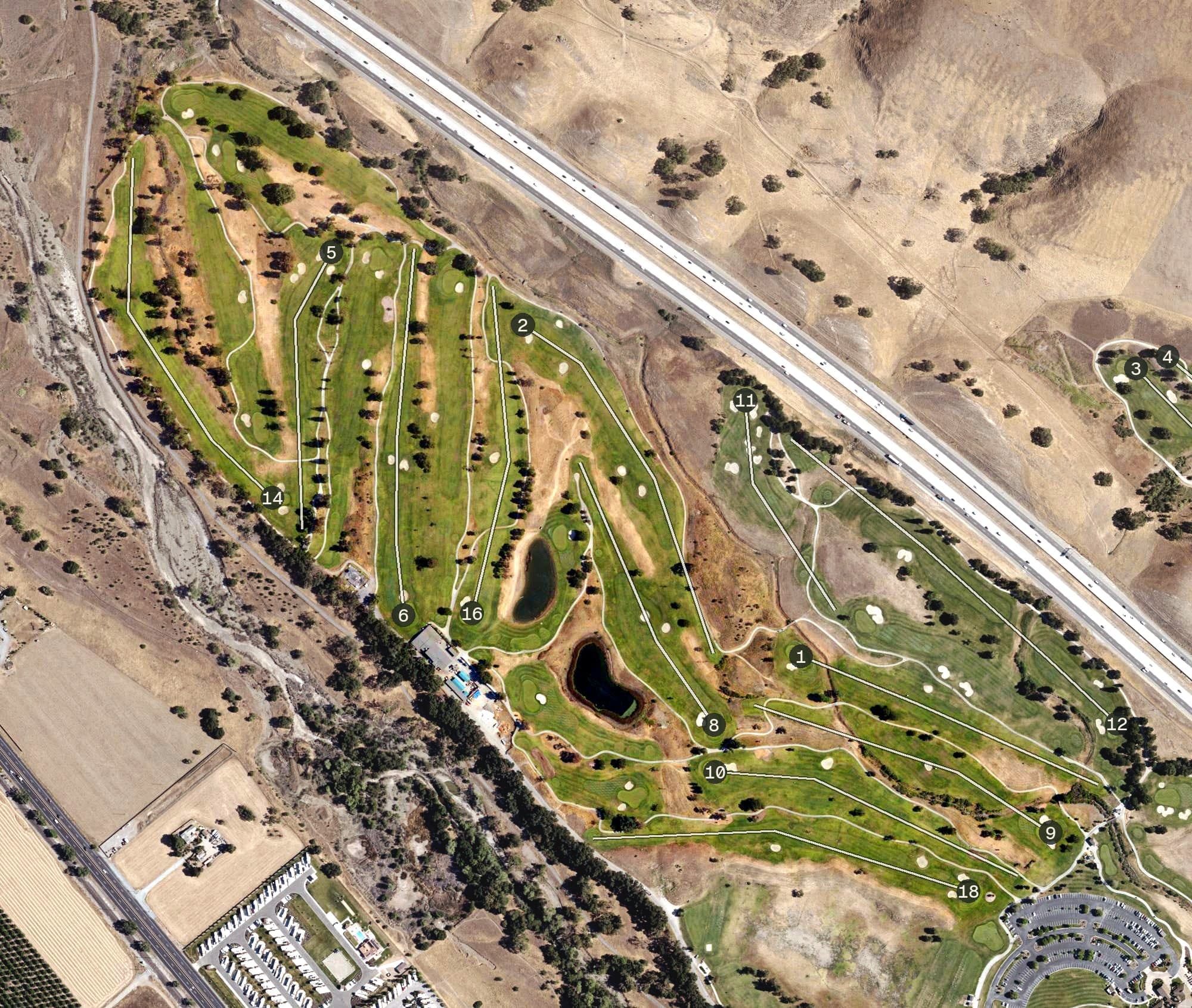 Aerial view of Coyote Creek Golf Club Valley Course, CA, with its hole routing marked