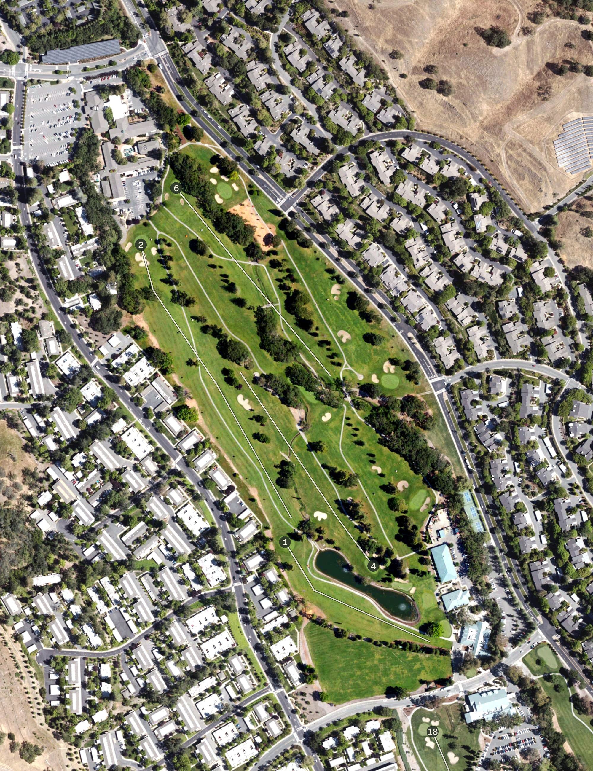 Aerial view of Creekside Golf Course, CA, with its hole routing marked