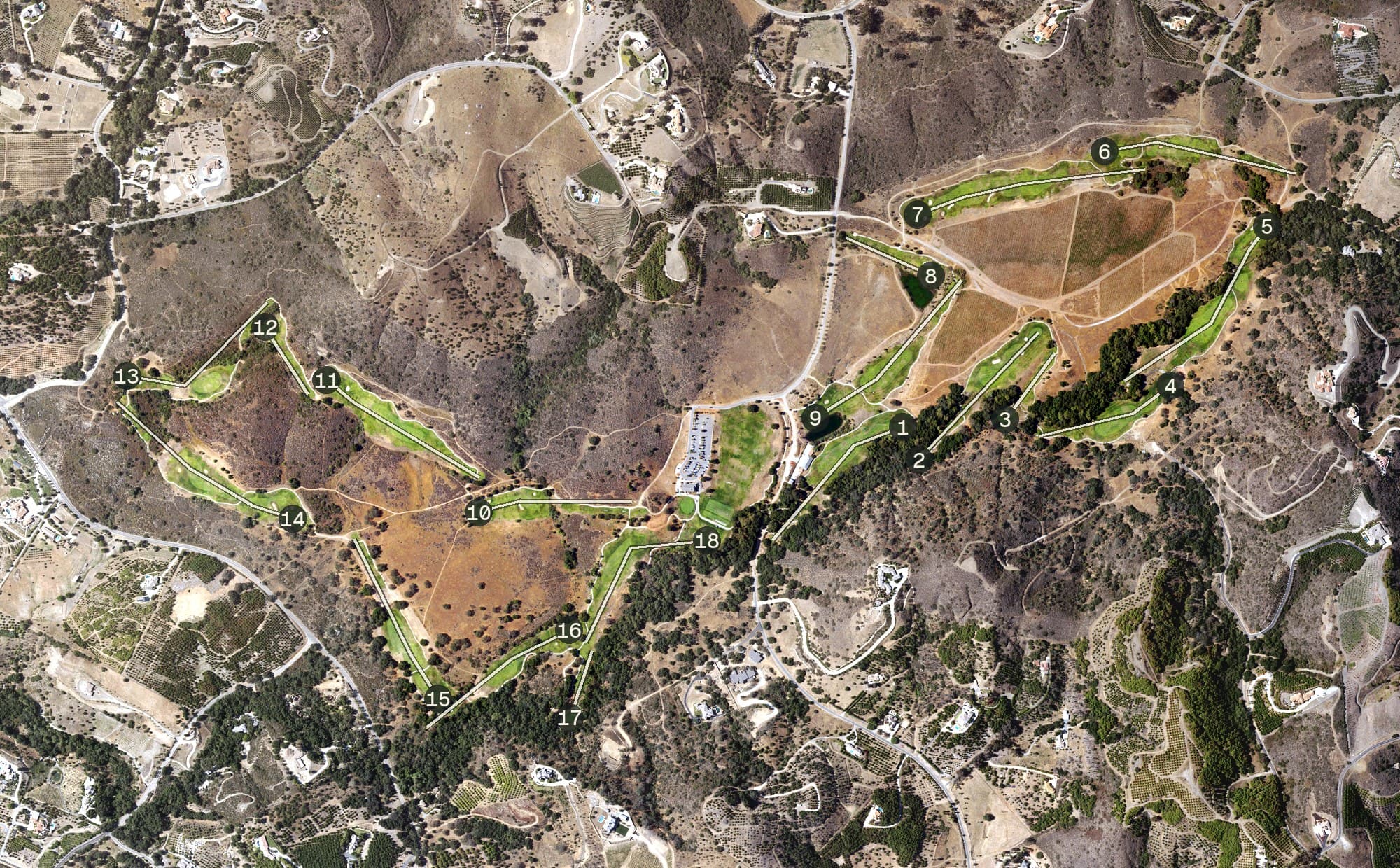Aerial view of Cross Creek Golf Club, CA, with its hole routing marked