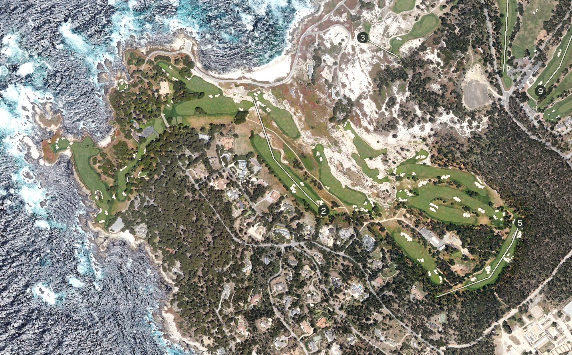 Aerial view of Cypress Point Golf Course, CA, with its hole routing marked