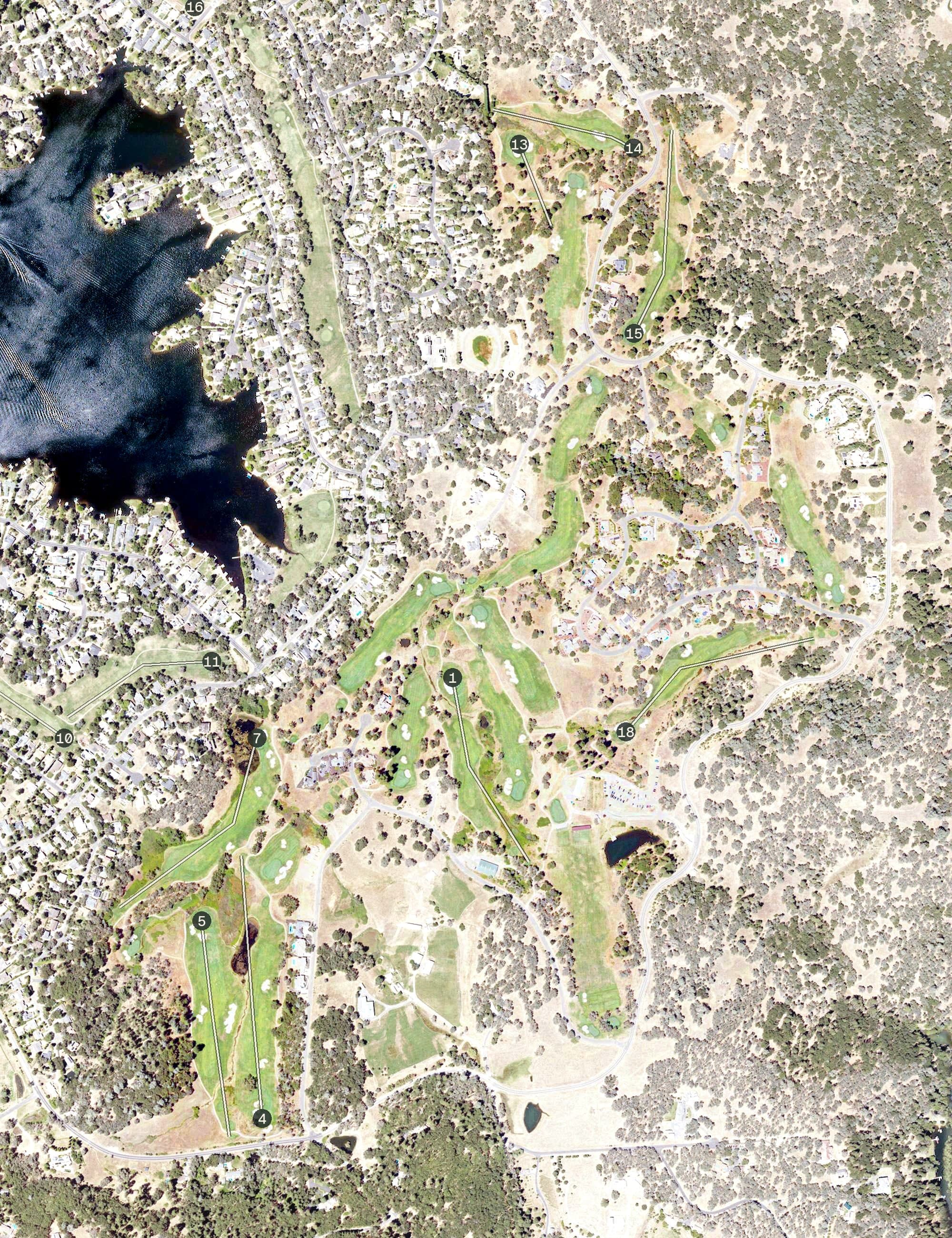 Aerial view of DarkHorse Golf Club, CA, with its hole routing marked