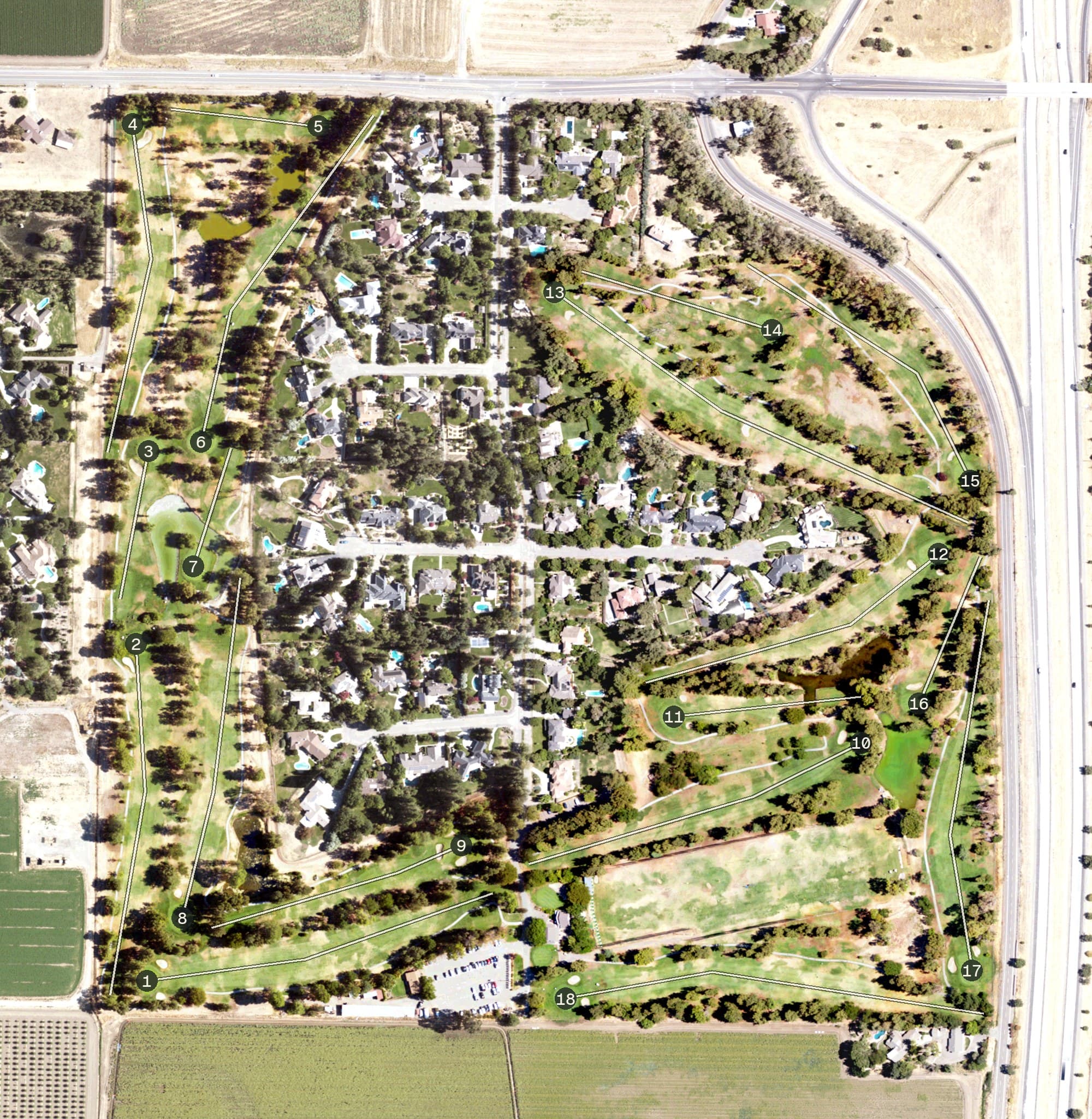 Aerial view of Davis Golf Course, CA, with its hole routing marked