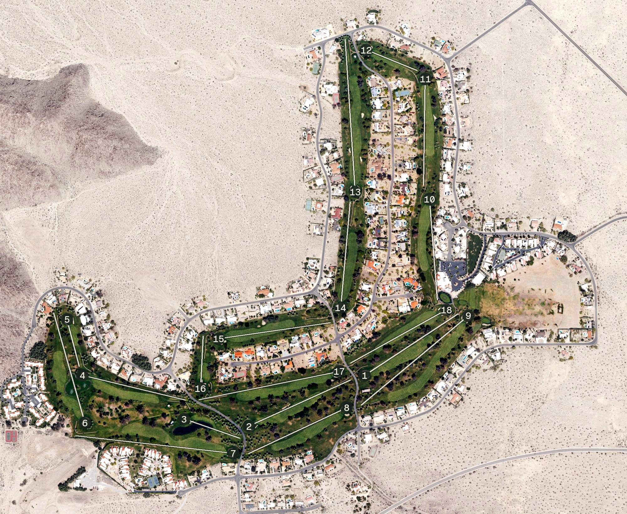 Aerial view of de Anza Country Club, CA, with its hole routing marked