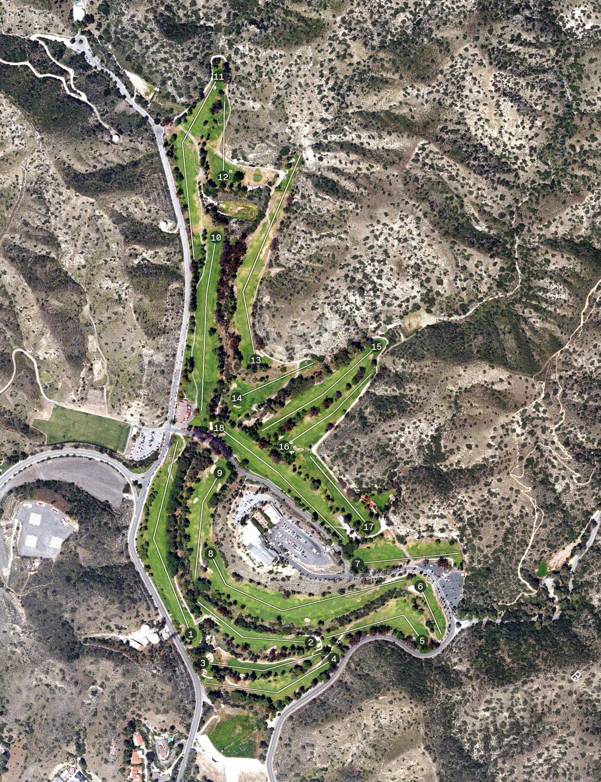 Aerial view of DeBell Golf Club, CA, with its hole routing marked