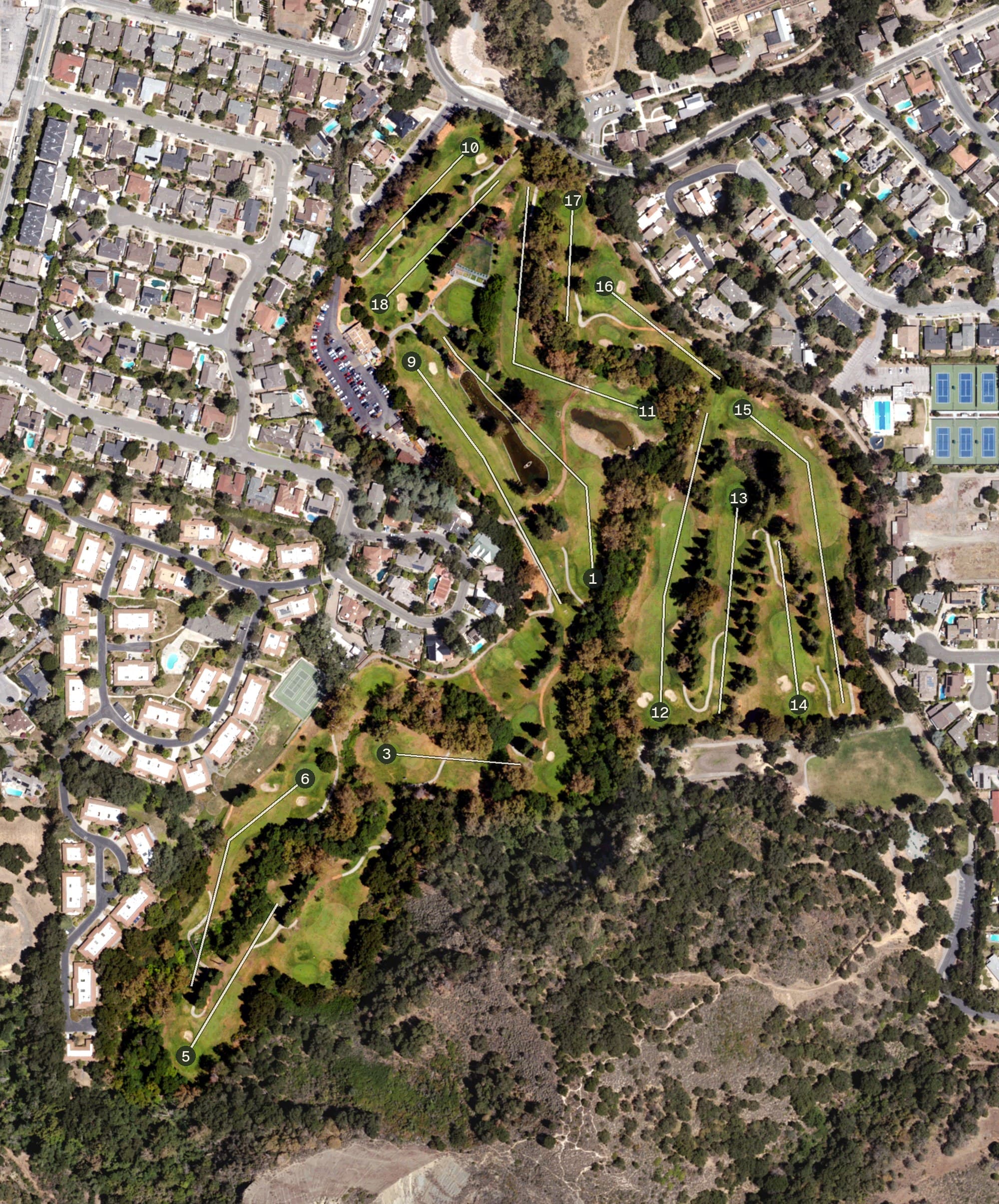 Aerial view of Deep Cliff Golf Course, CA, with its hole routing marked