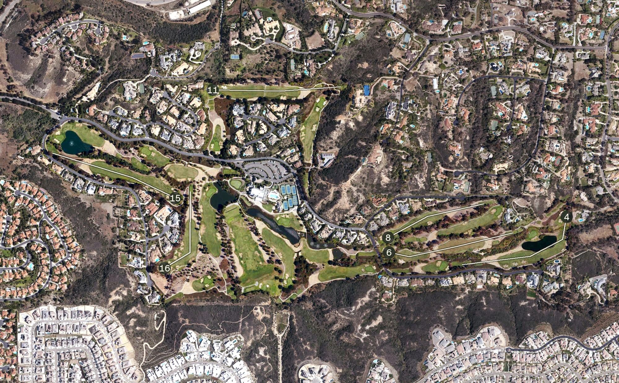 Aerial view of Del Mar Country Club, CA, with its hole routing marked