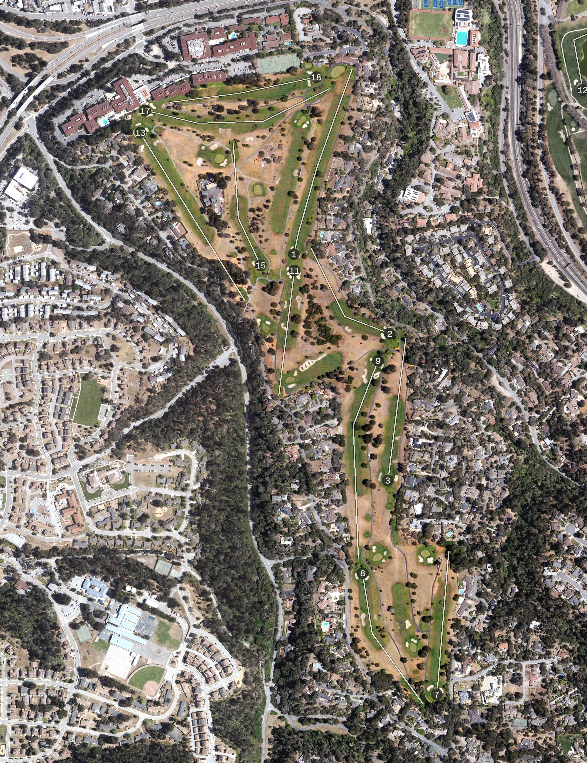 Aerial view of Del Monte Golf Course, CA, with its hole routing marked
