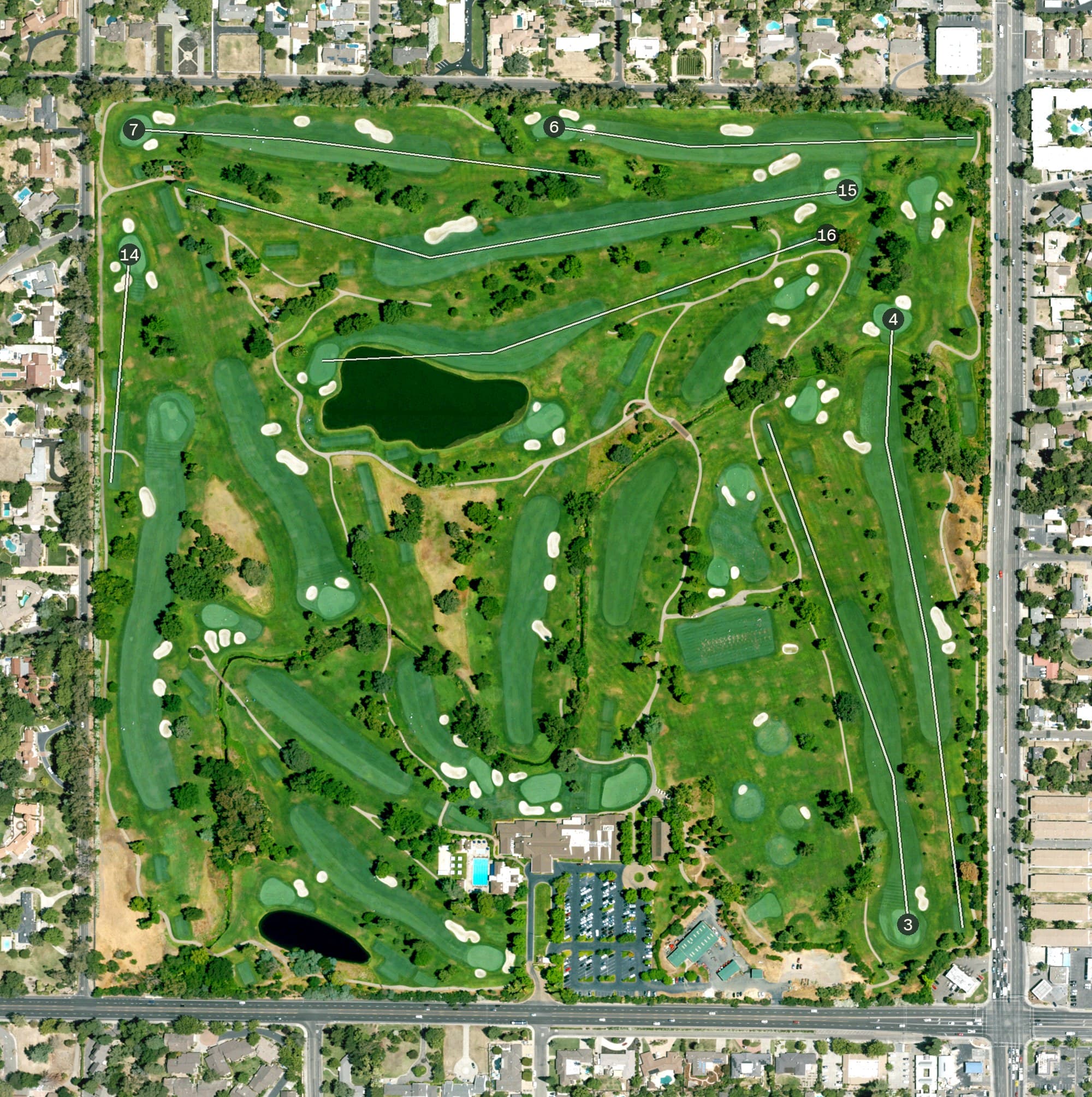 Aerial view of Del Paso Country Club, CA, with its hole routing marked