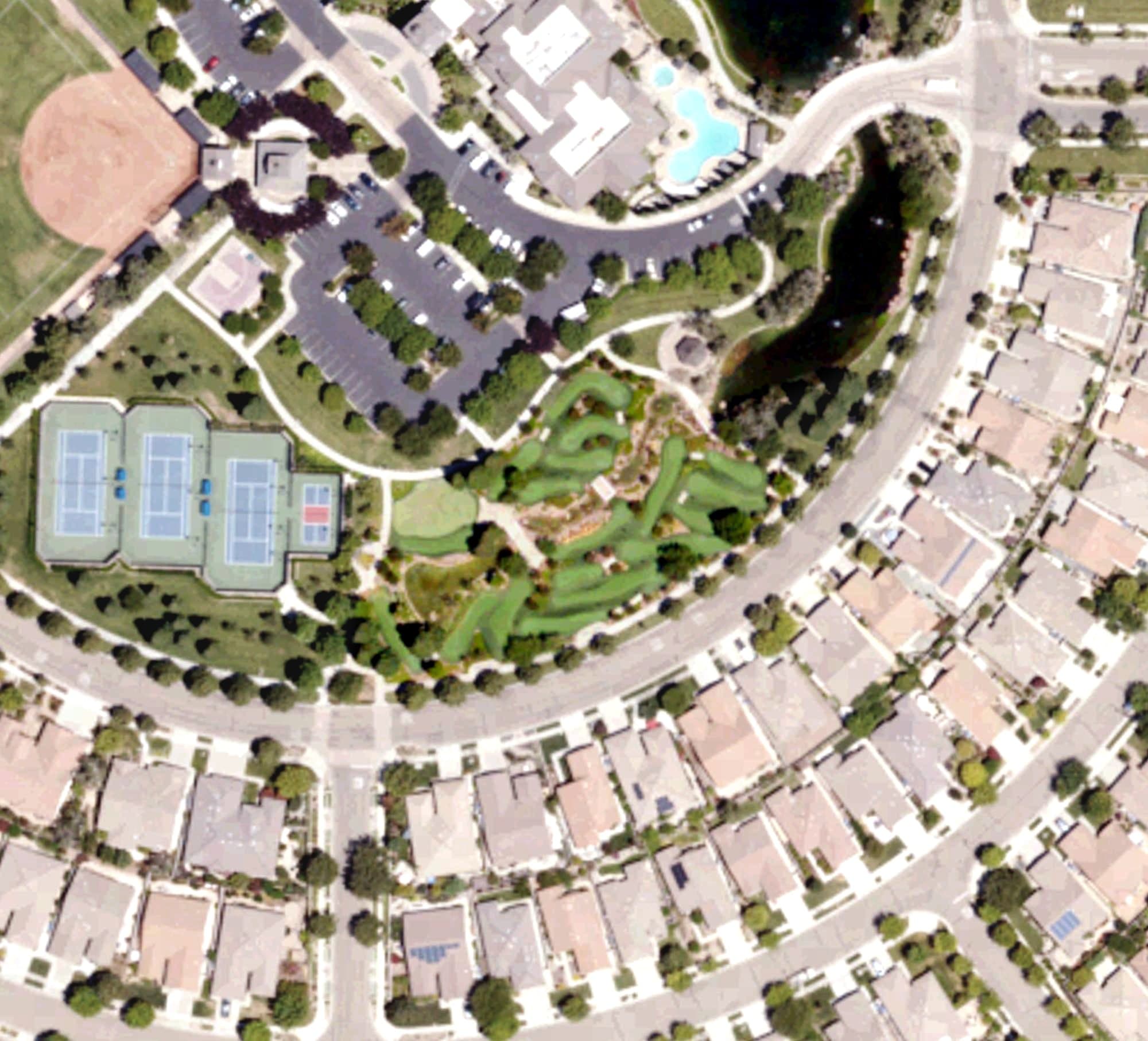 Aerial view of Del Web Golf Course, CA, with its hole routing marked