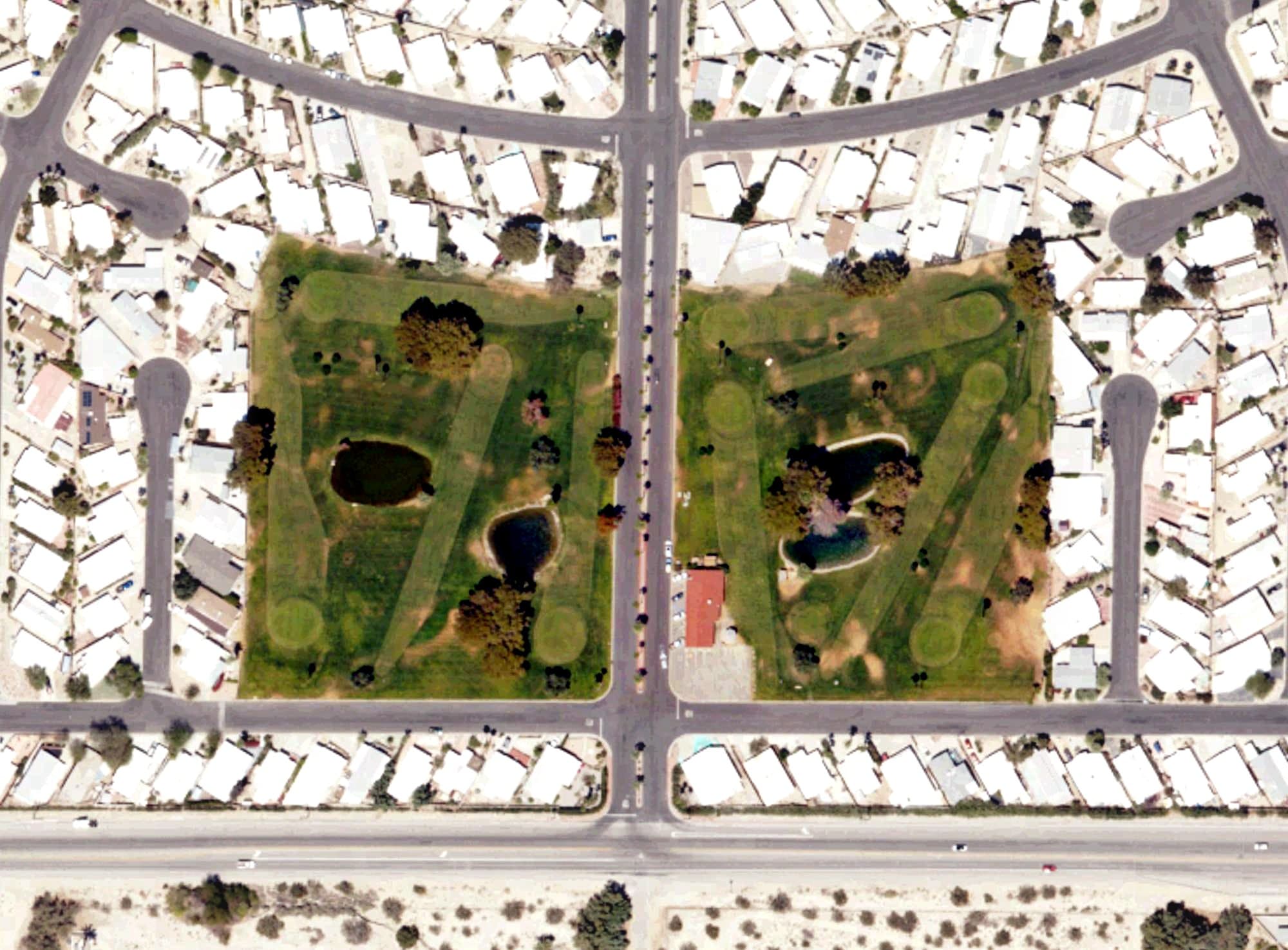 Aerial view of Desert Crest Country Club, CA, with its hole routing marked