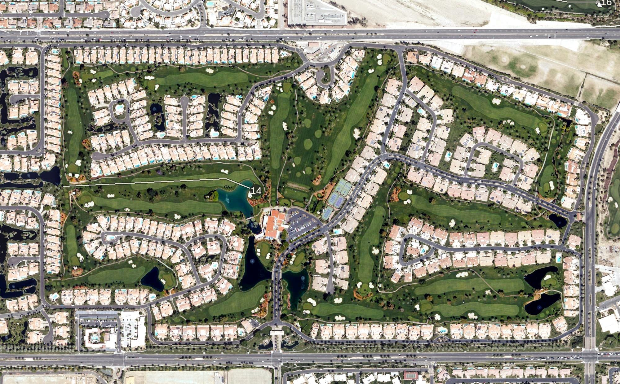 Aerial view of Desert Horizons Country Club, CA, with its hole routing marked