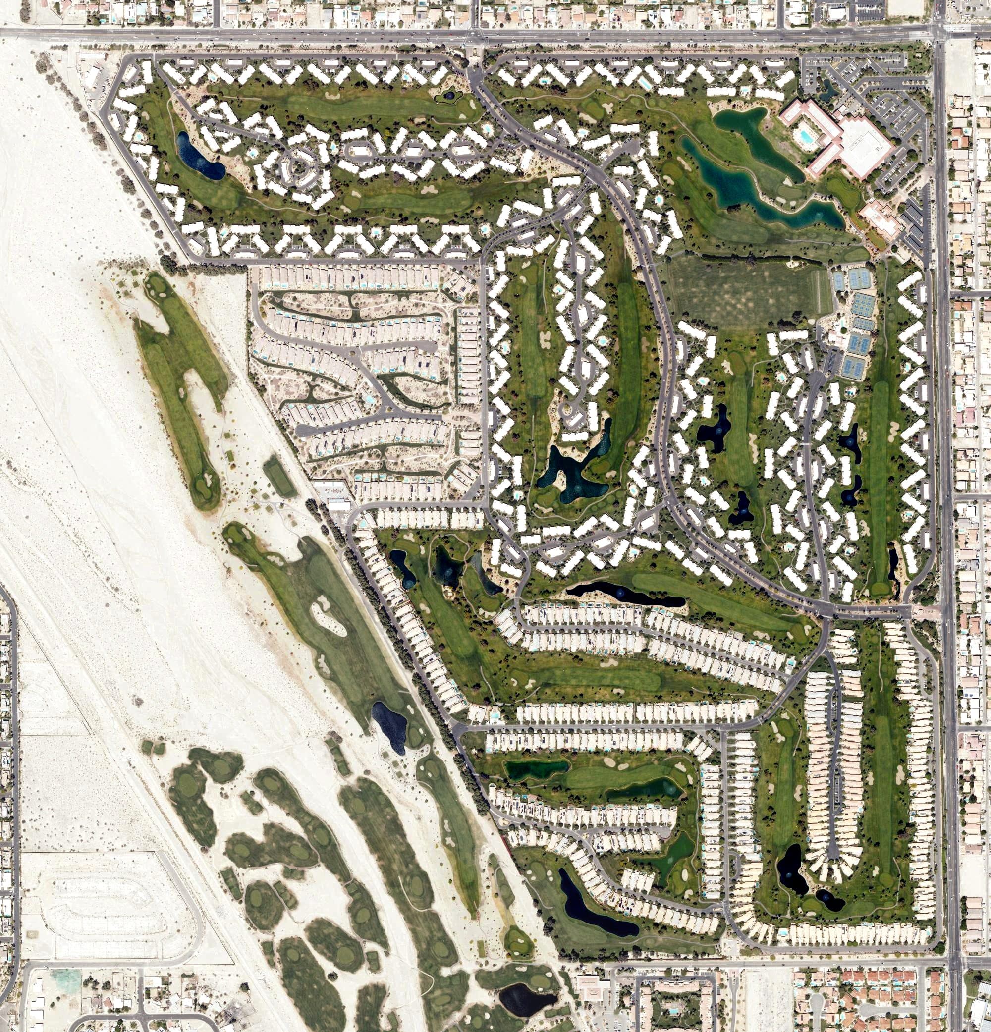 Aerial view of Desert Princess Resort and Country Club, CA, with its hole routing marked