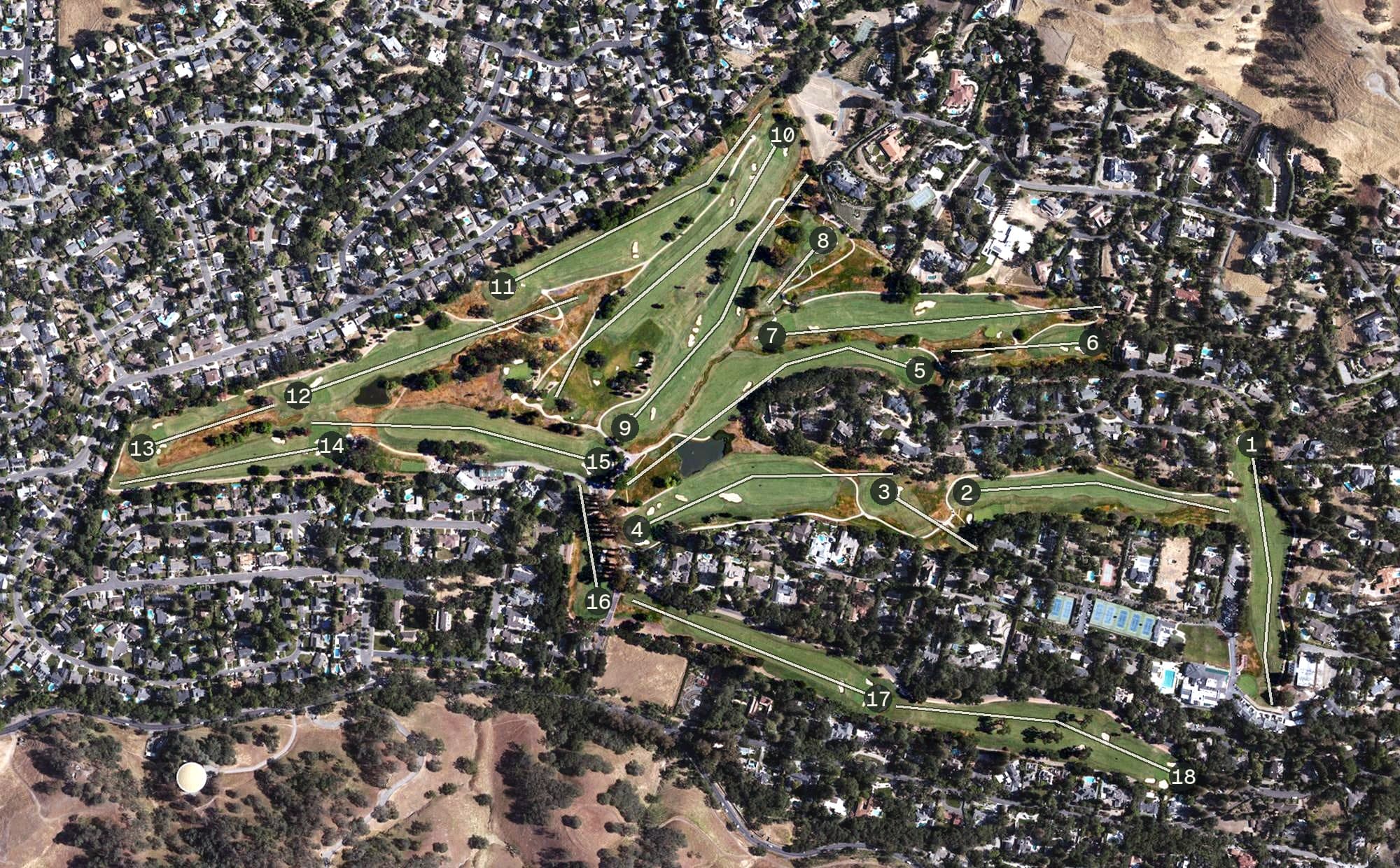 Aerial view of Diablo Country Club, CA, with its hole routing marked